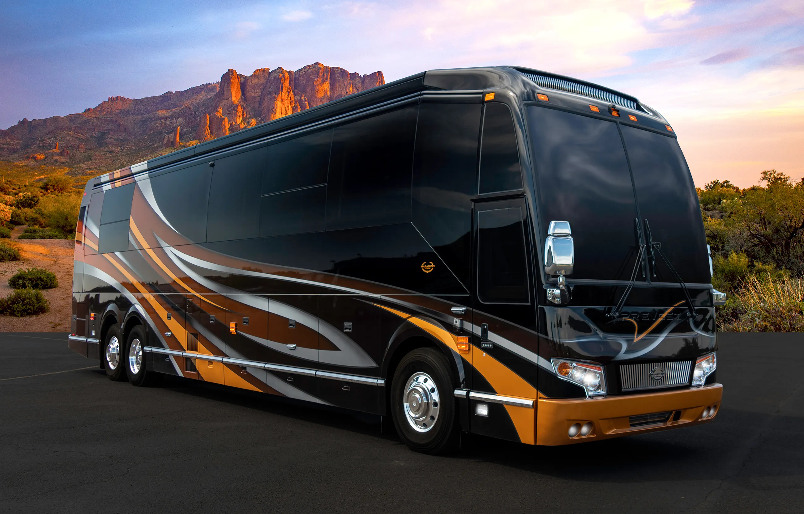 Exterior of luxury Marathon Coach #1327 built on a Prevost chassis | Luxury Motorcoach for Sale