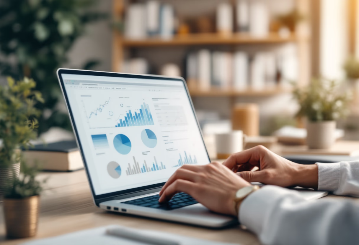 image of hands typing on a laptop with scientific data