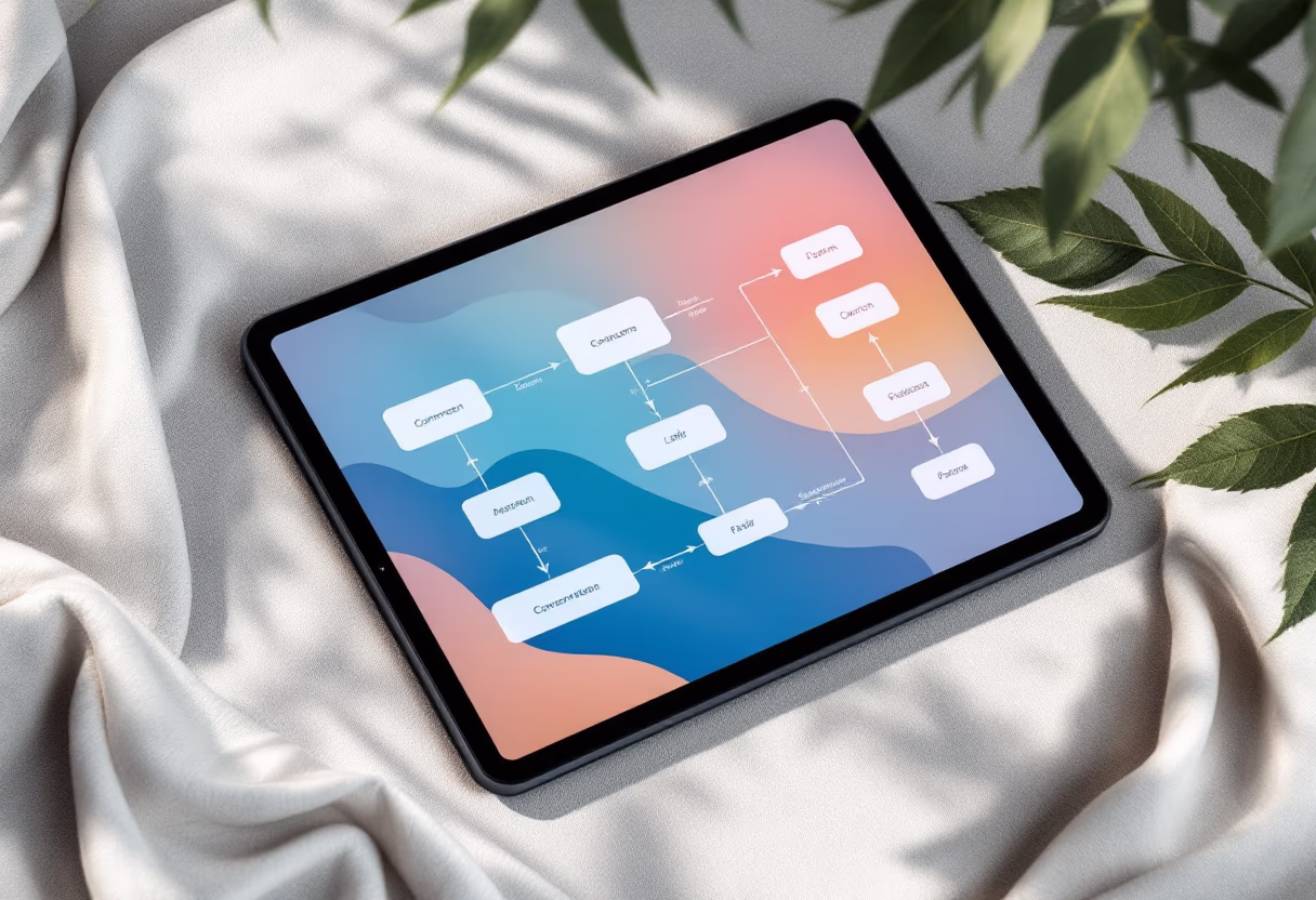 [interface] graphic design of app flow diagram (for a consumer apps) on a tablet