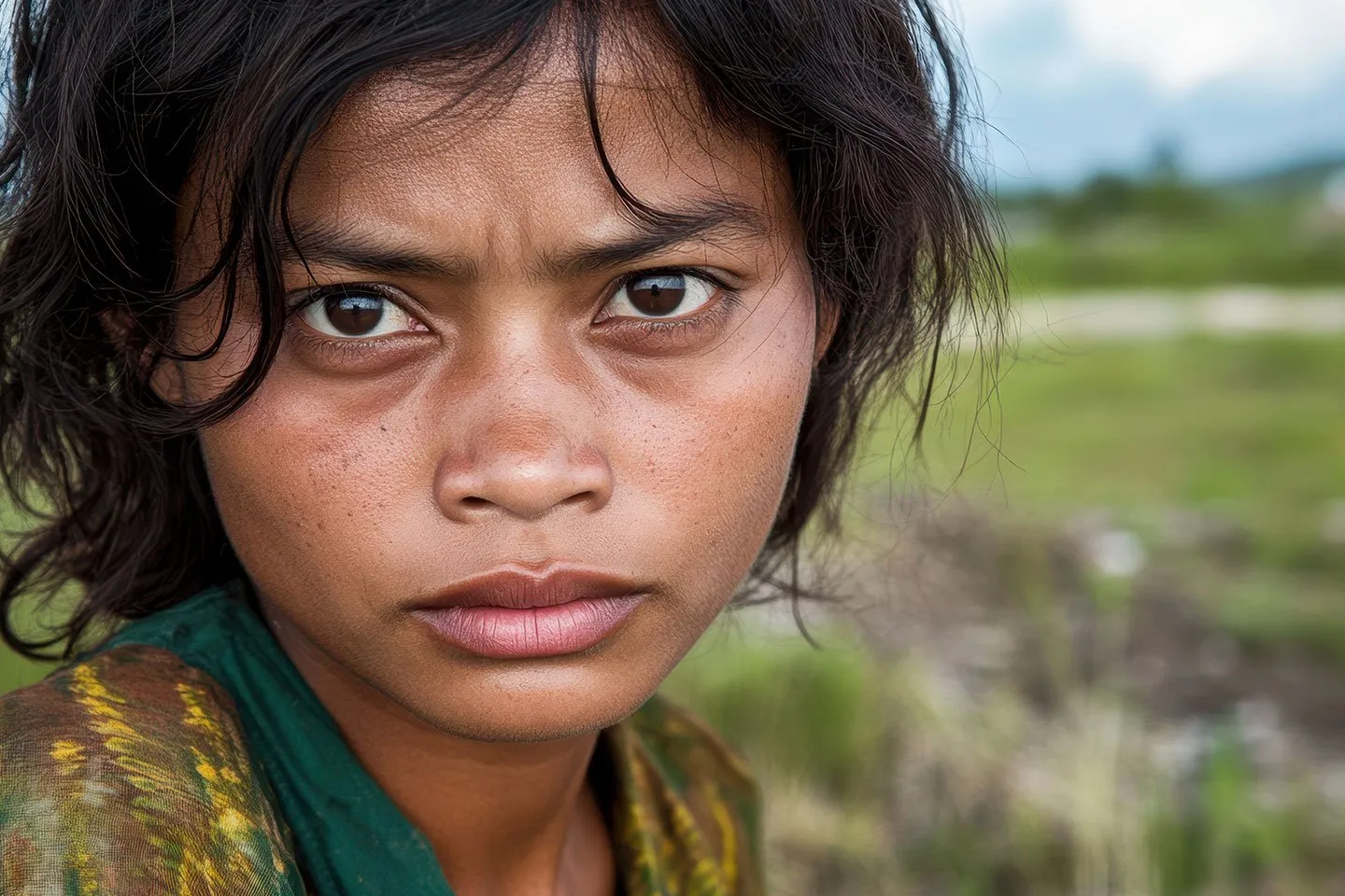 Close-up of a young woman with intense expression and tousled dark hair wearing a green and yellow patterned garment, with blurred greenery in the background.