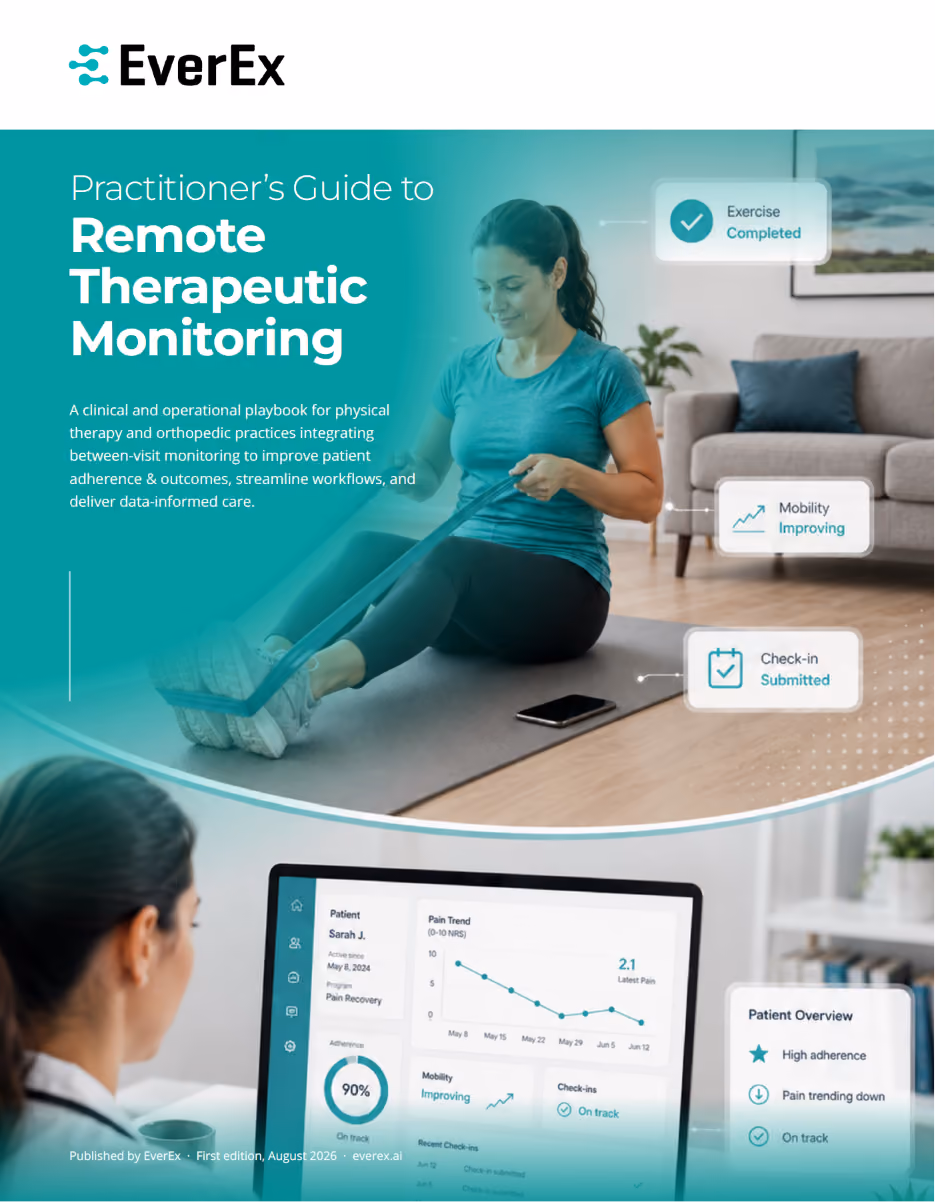 Cover of the Practitioner's Guide to Remote Therapeutic Monitoring, a clinical and operational playbook published by EverEx