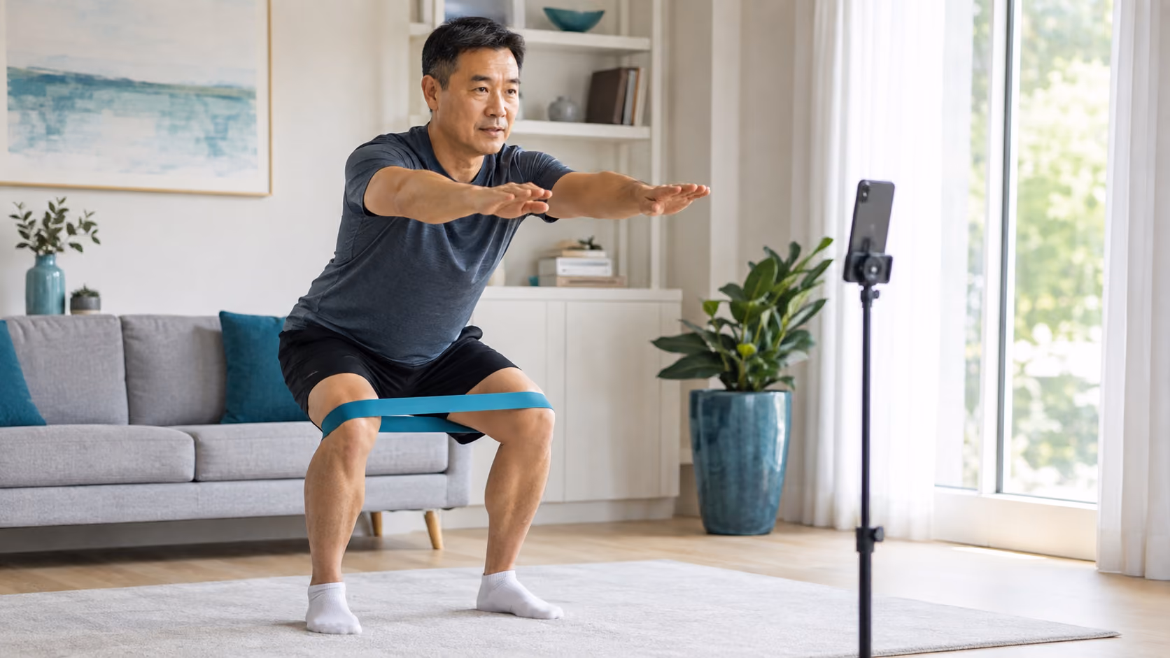 Clinician reviewing a patient's between-visit progress data on a laptop while a tablet shows the patient completing a home exercise program