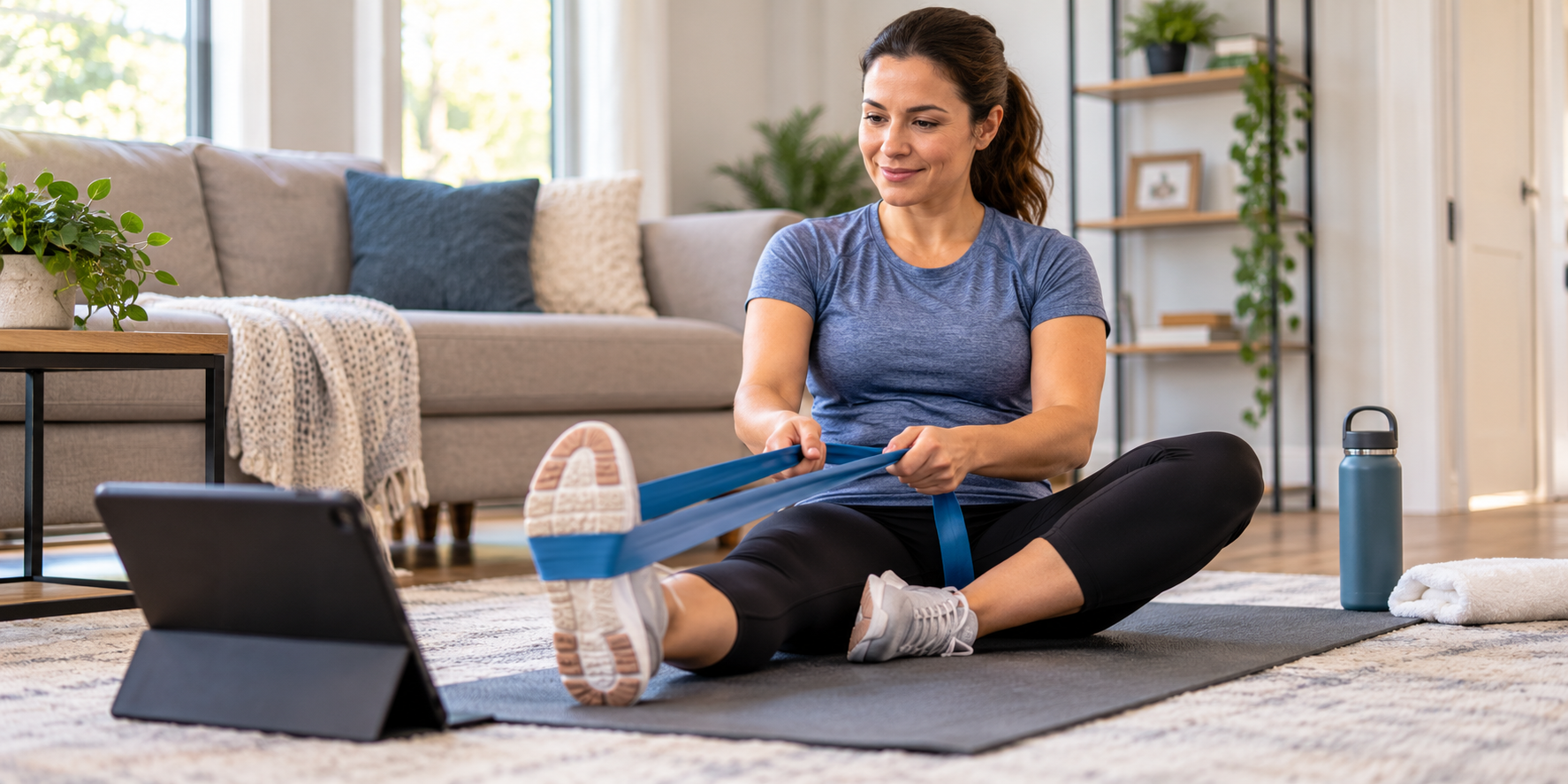 Patient completing a physical therapy home exercise program between clinic visits