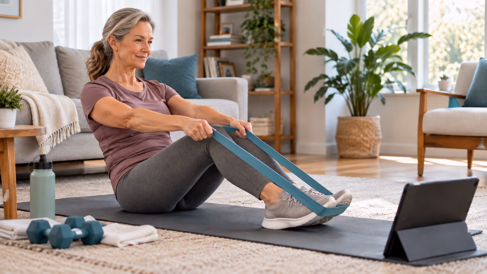 Patient performing a seated knee extension exercise at home while following a home exercise program on a phone