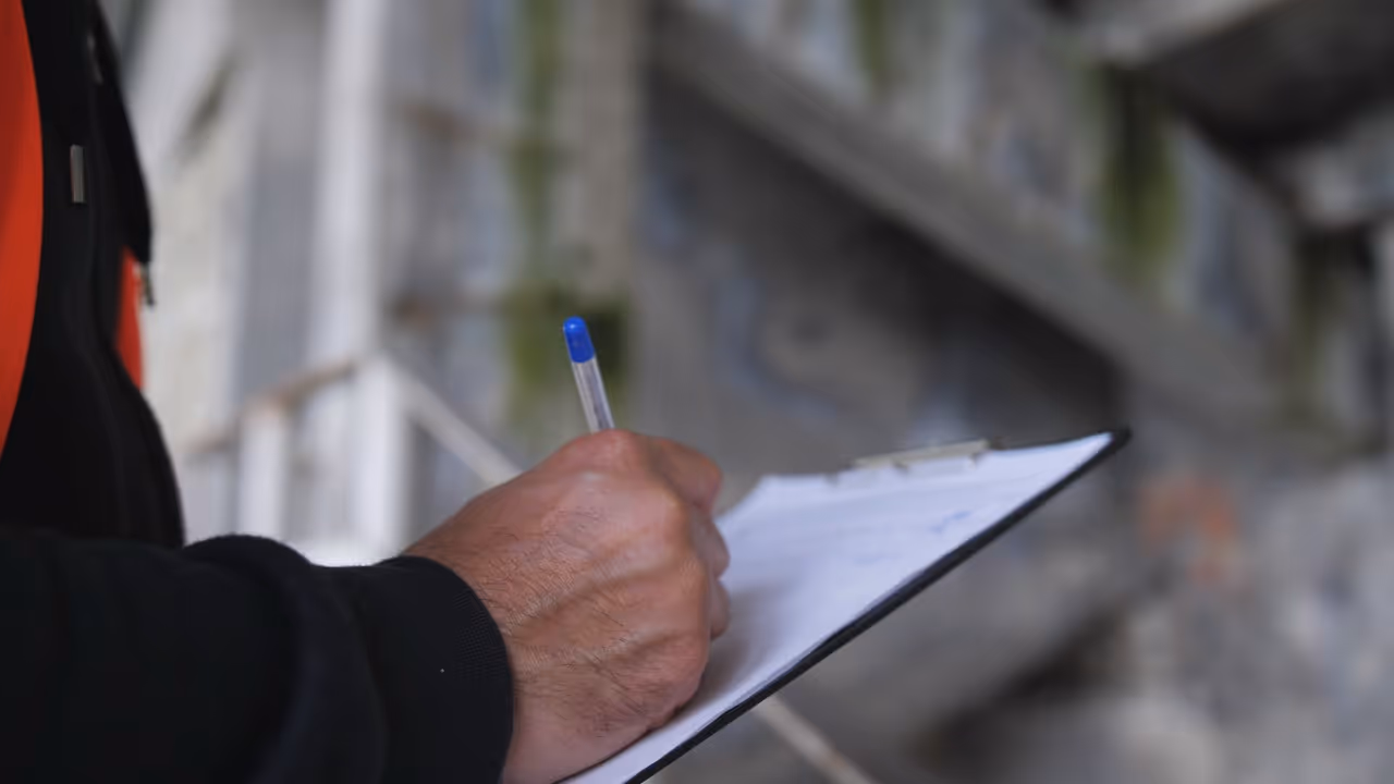 Close-up of a person writing on a clipboard with a blue pen in an industrial setting.