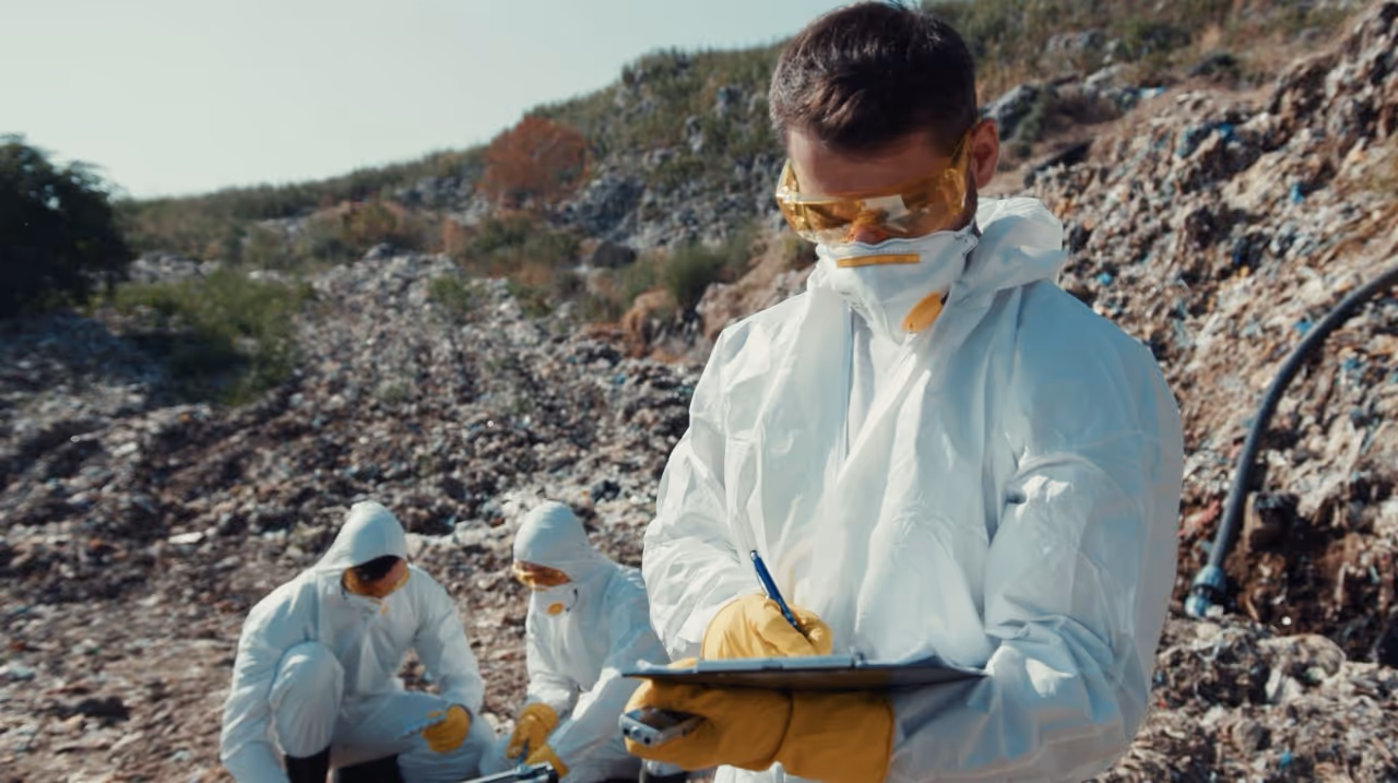 Three people in protective suits, gloves, masks, and goggles working outdoors 