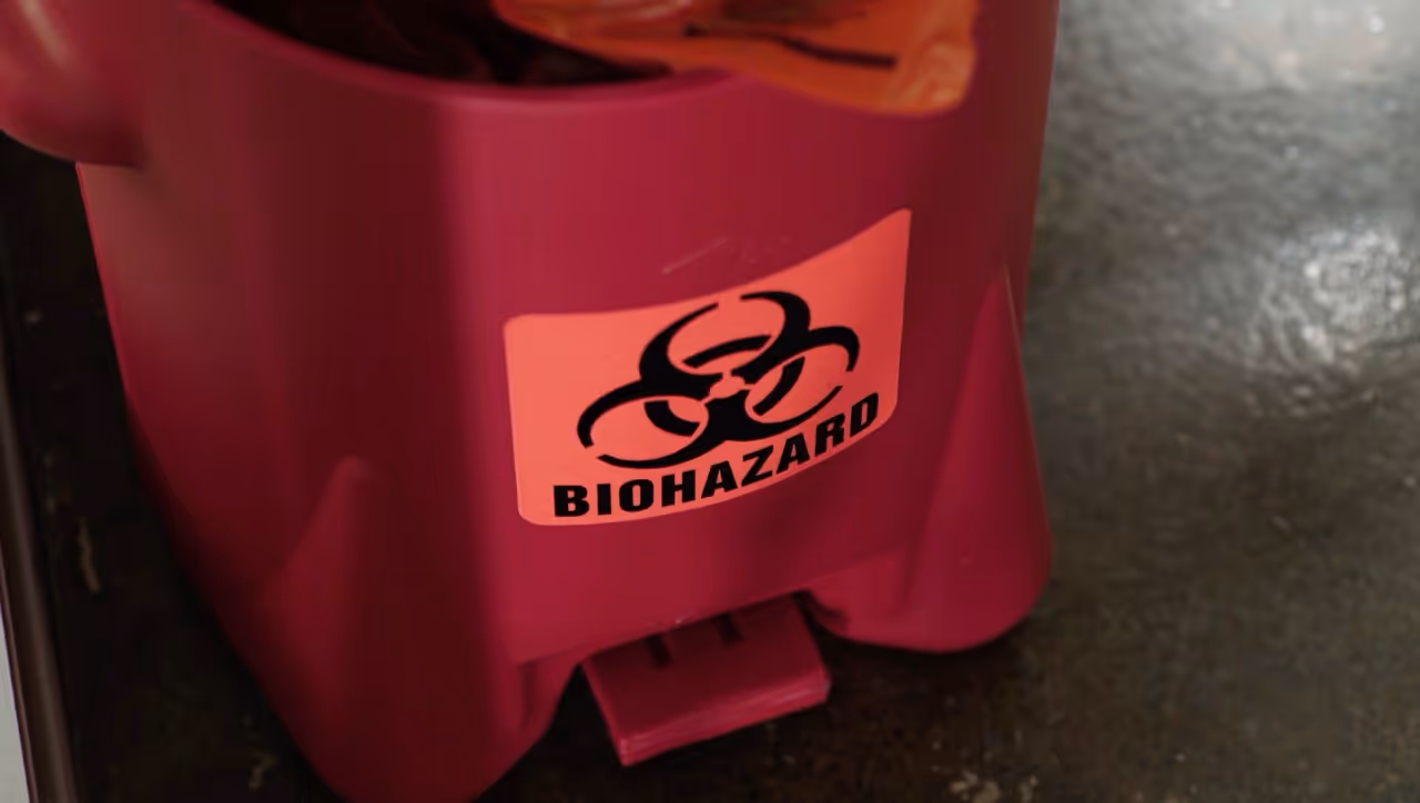 Close-up of a red biohazard waste container with a biohazard symbol