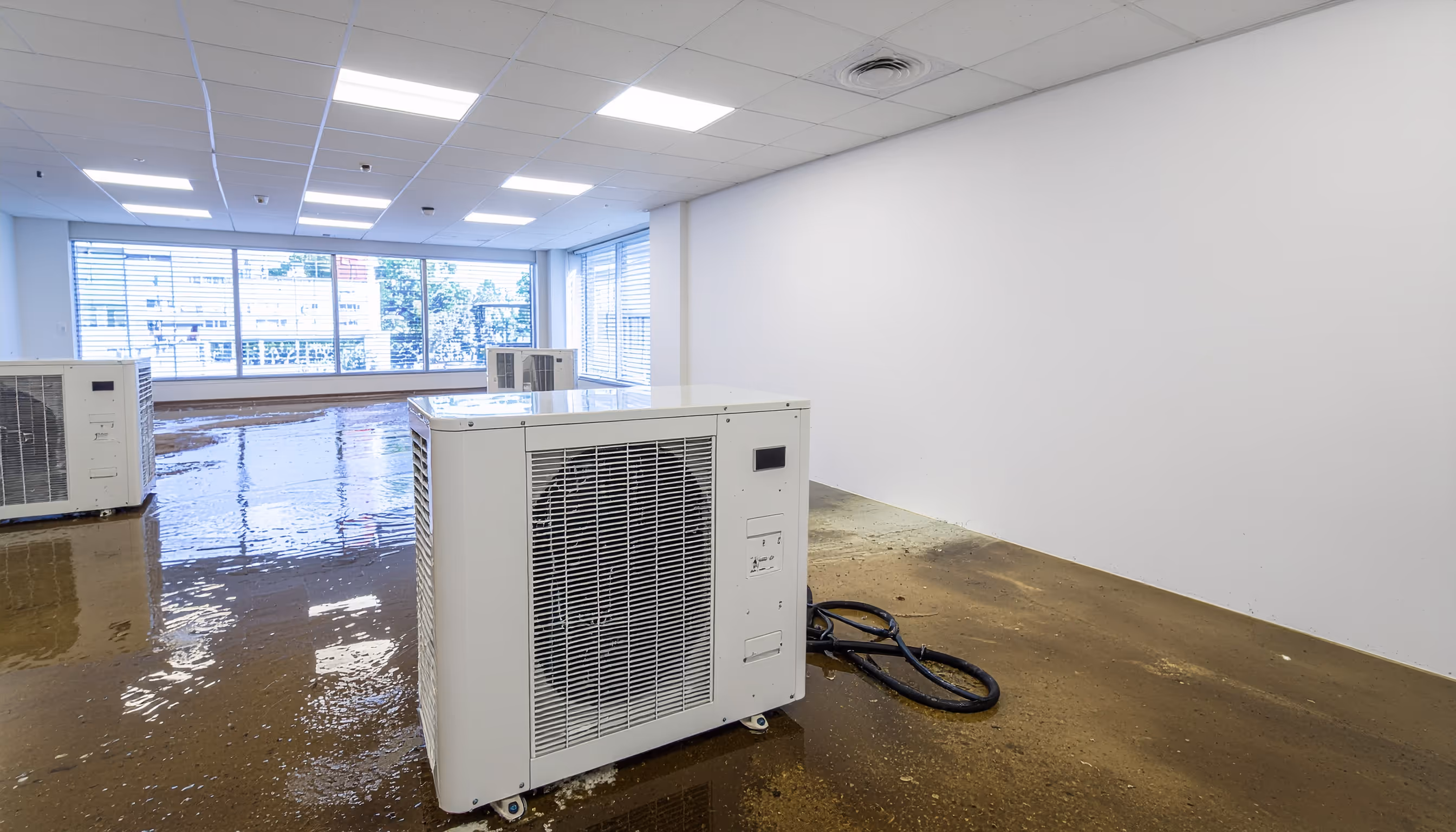 Commercial dehumidifiers placed on a wet concrete floor