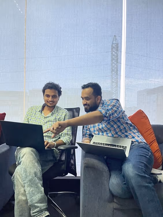 A photograph of Raijith Shaji and Rajesh, co-founders of Volopay in the early days of their startup