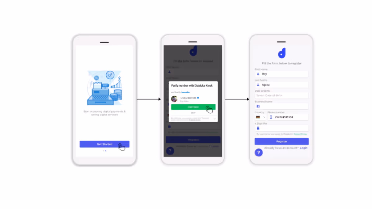 Image of three phones showing verification steps via truecaller SDK on Digiduka App