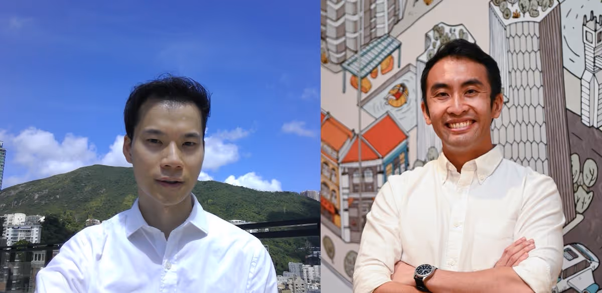 Photo of Moneko CEO Calvin Tang and CMO Derek Wong in white shirts 