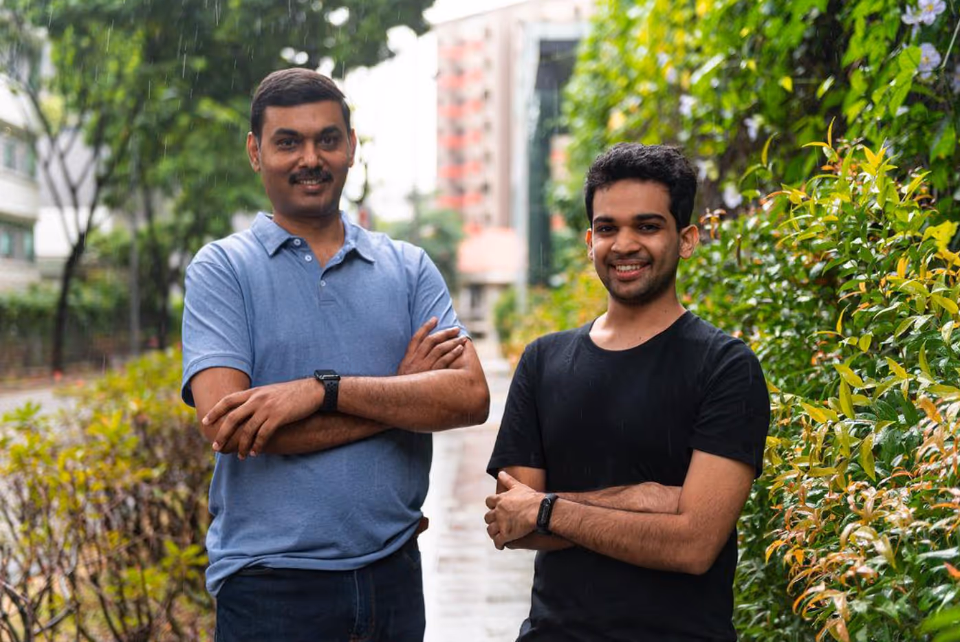 Portrait of Chloropy CEO Gajendra Babu and CTO Apoorv Vaish with arms crossed outside 