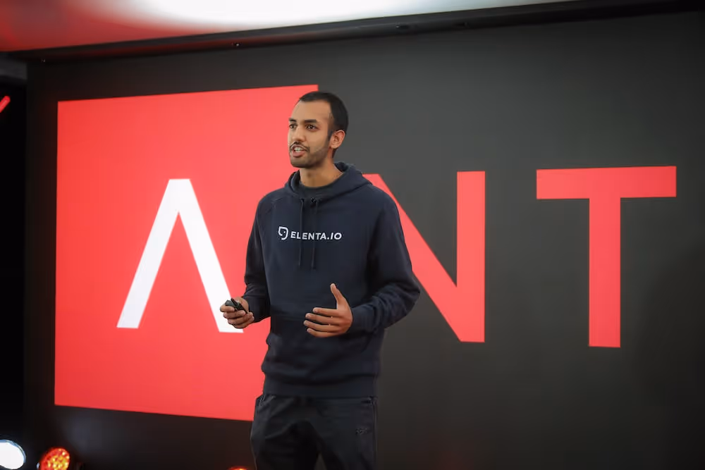 An image of Anshul Jain, co-founder of Elenta, presenting at the first Digital Antler Demo Day 