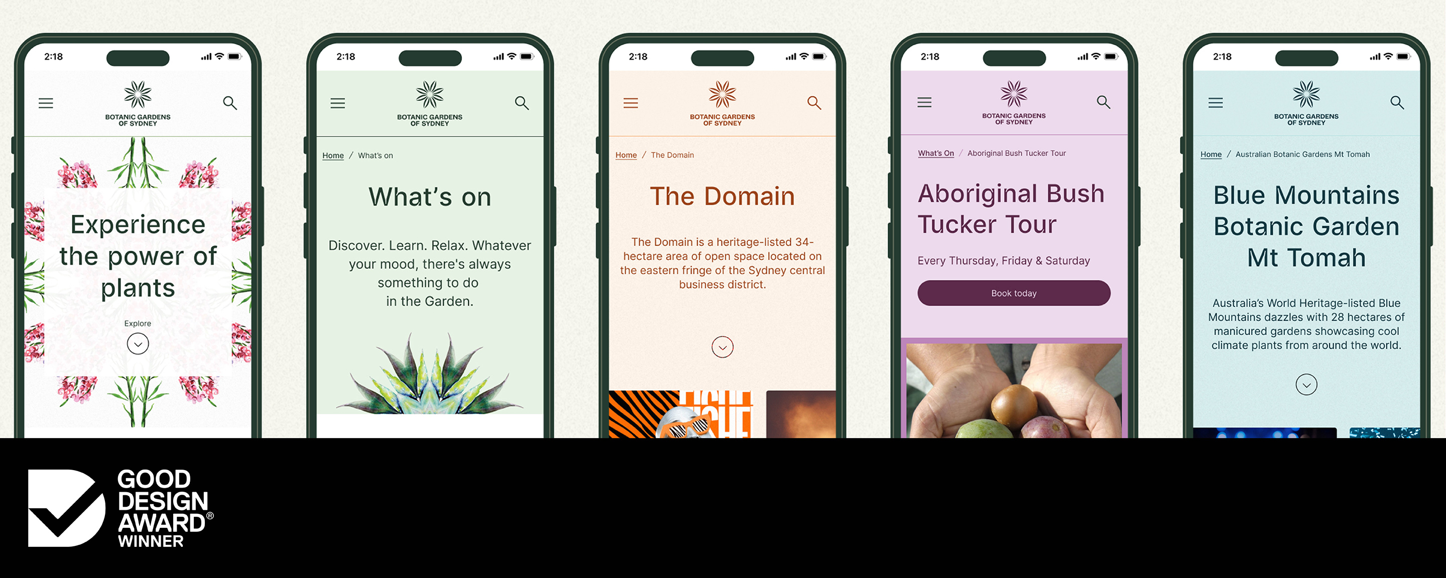 Five mobile screens showing different Botanic Gardens of Sydney webpages, including home, What’s On, The Domain, Aboriginal Bush Tucker Tour, and Blue Mountains Botanic Garden pages.