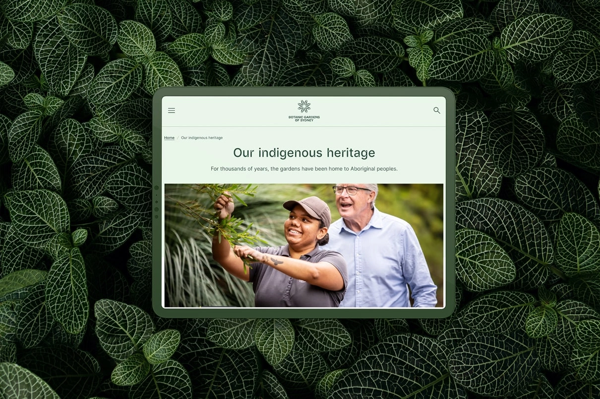 Tablet displaying the ‘Our Indigenous heritage’ webpage over a background of green patterned leaves.