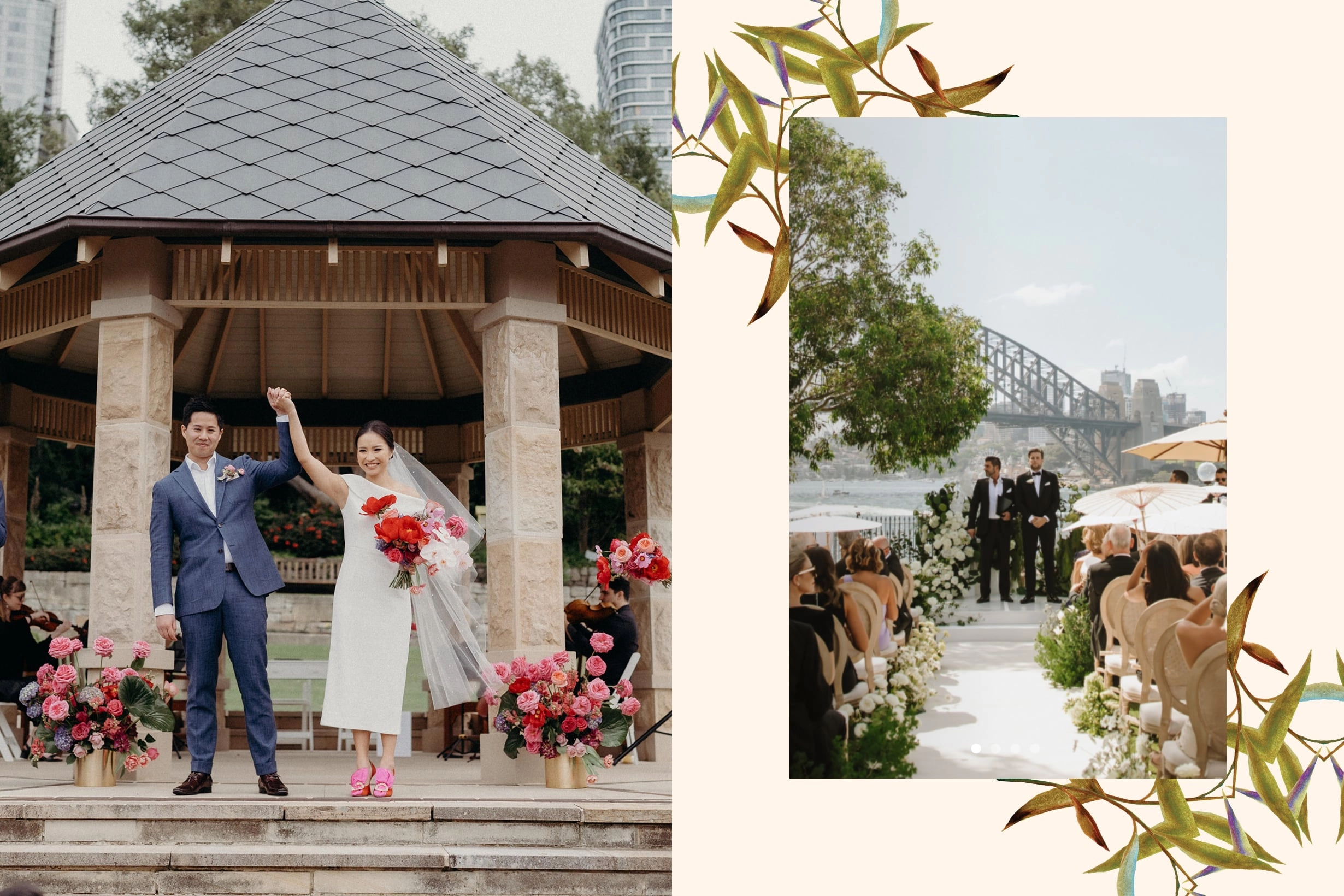 Two wedding scenes: a couple celebrating under a stone gazebo surrounded by bright floral arrangements, and an outdoor ceremony overlooking Sydney Harbour with a celebrant and groom standing at the altar.