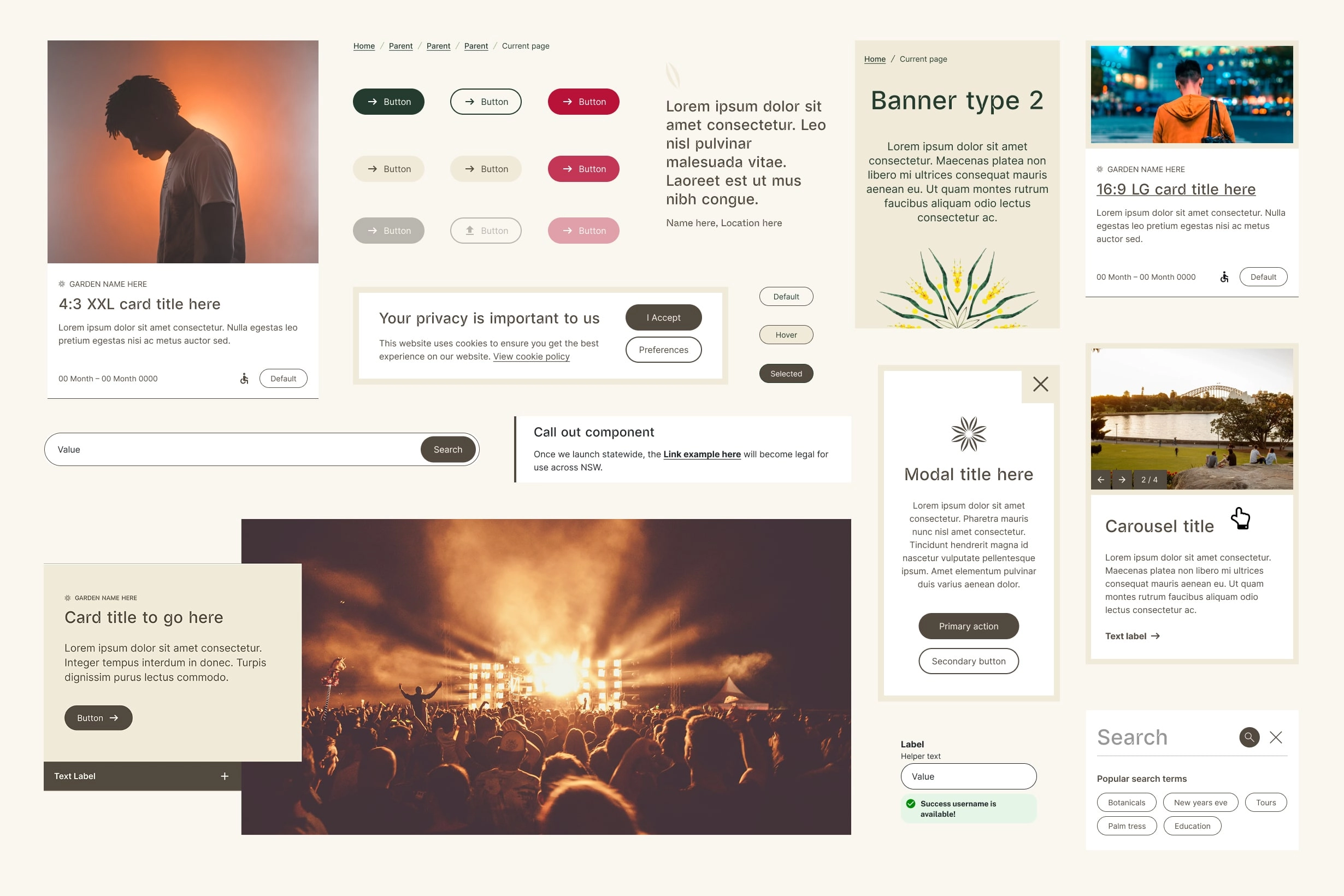 Collection of Botanic Gardens UI components including buttons, banners, cards, modals, search bars, and a call-out component.