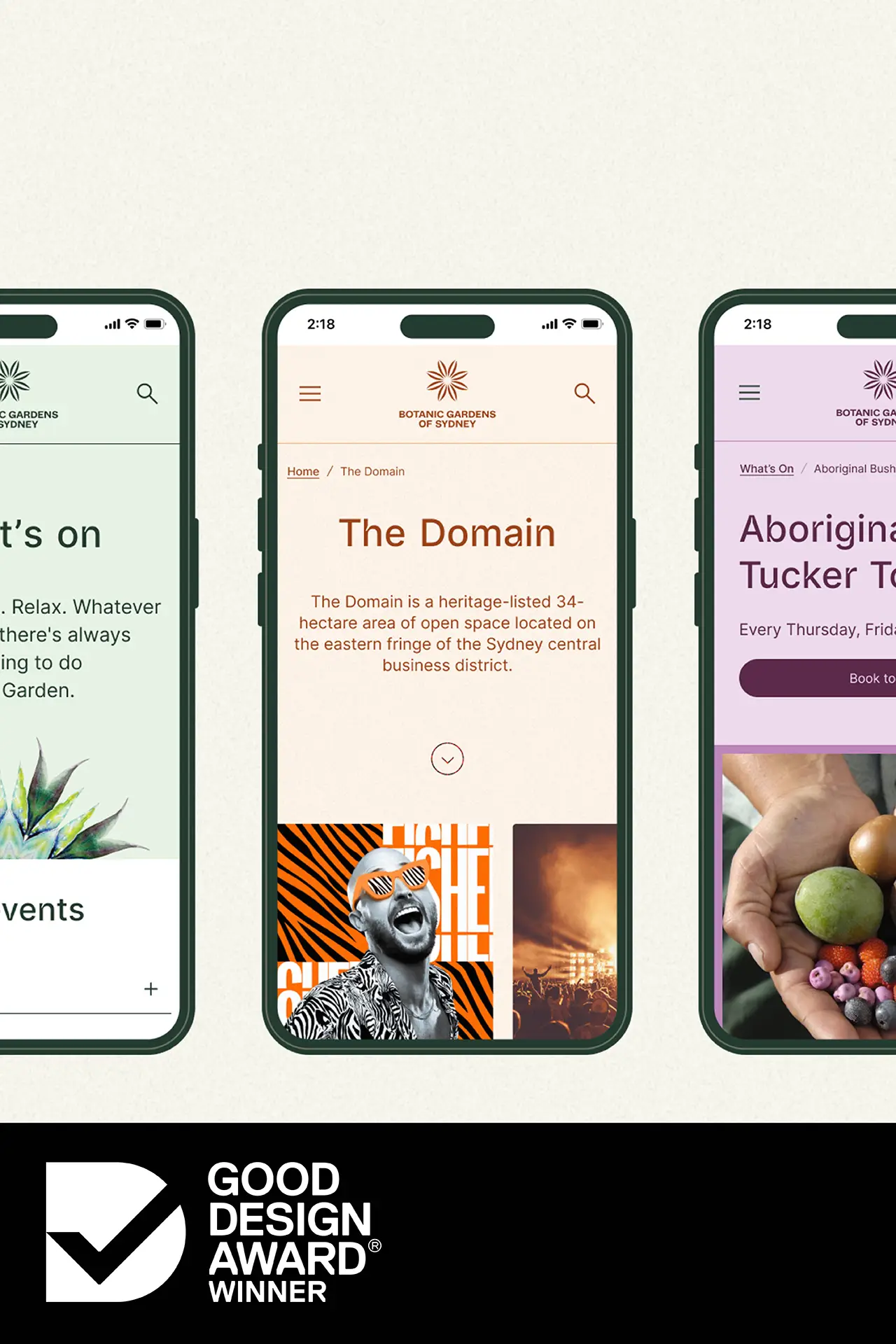 Five mobile screens showing different Botanic Gardens of Sydney webpages, including home, What’s On, The Domain, Aboriginal Bush Tucker Tour, and Blue Mountains Botanic Garden pages.