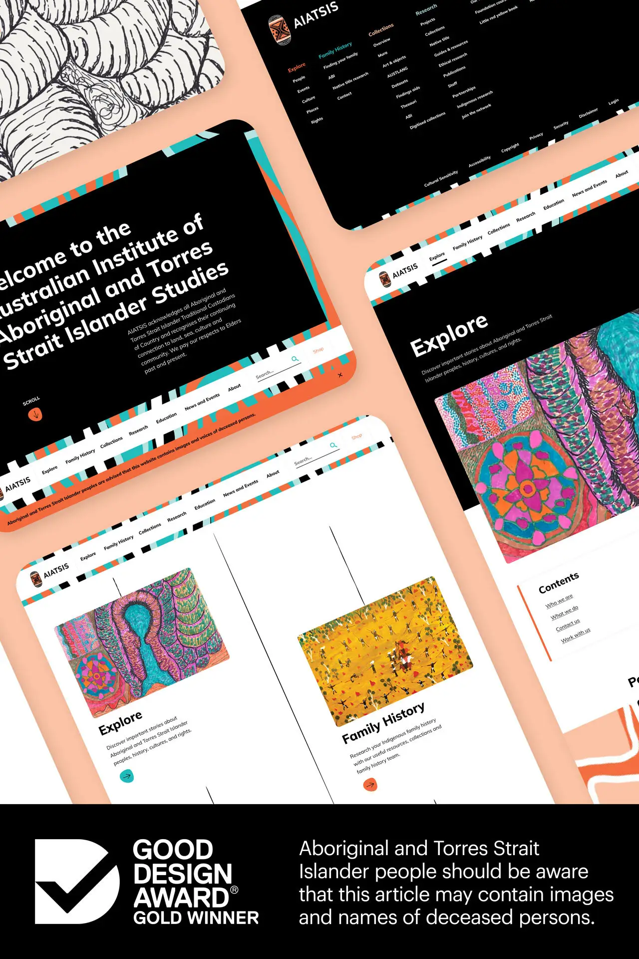 Collage of AIATSIS website screens with a Good Design Award Gold Winner badge and a message to Aboriginal and Torres Strait Islander people to be aware that the article may contain images and names of deceased persons.