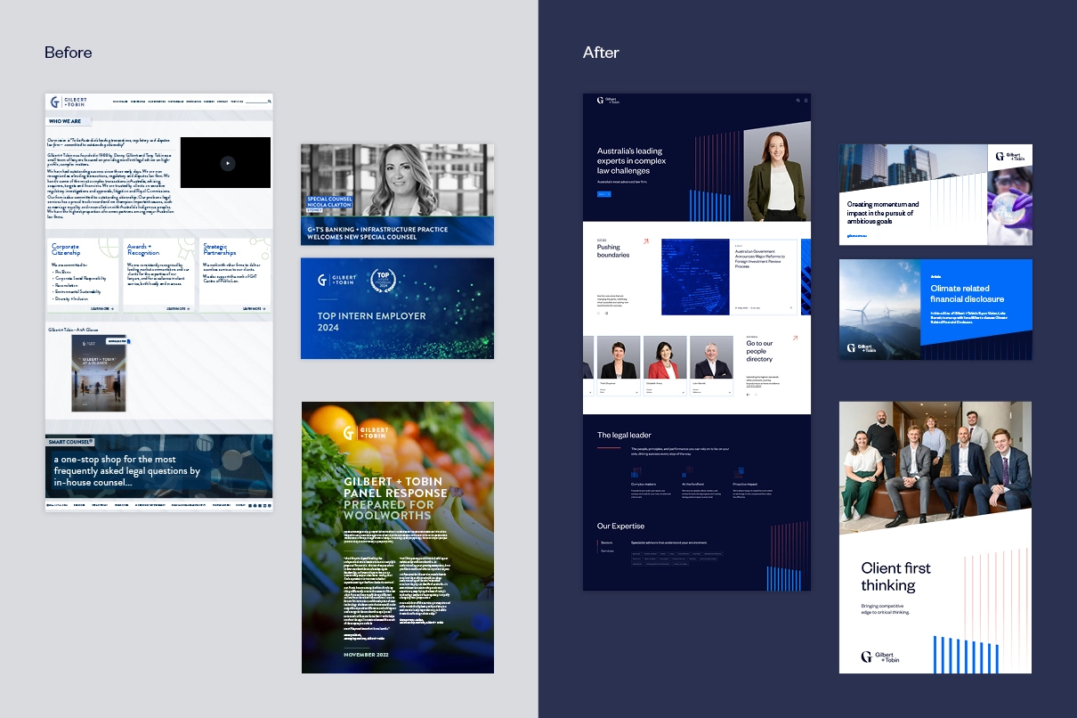 Side-by-side comparison of the website before and after redesign showing a cleaner, modern layout with professional photos and improved typography.