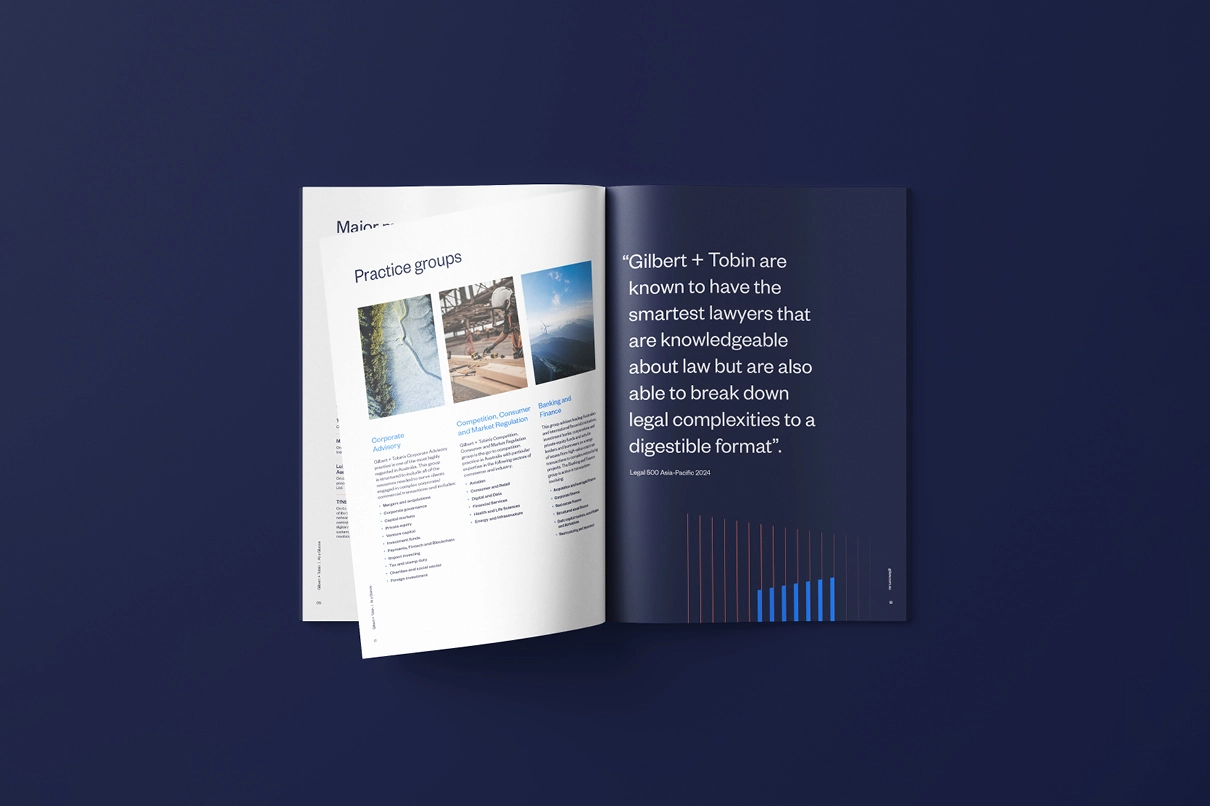 Gilbert and Tobin's updated brand identity applied to pages of a magazine.