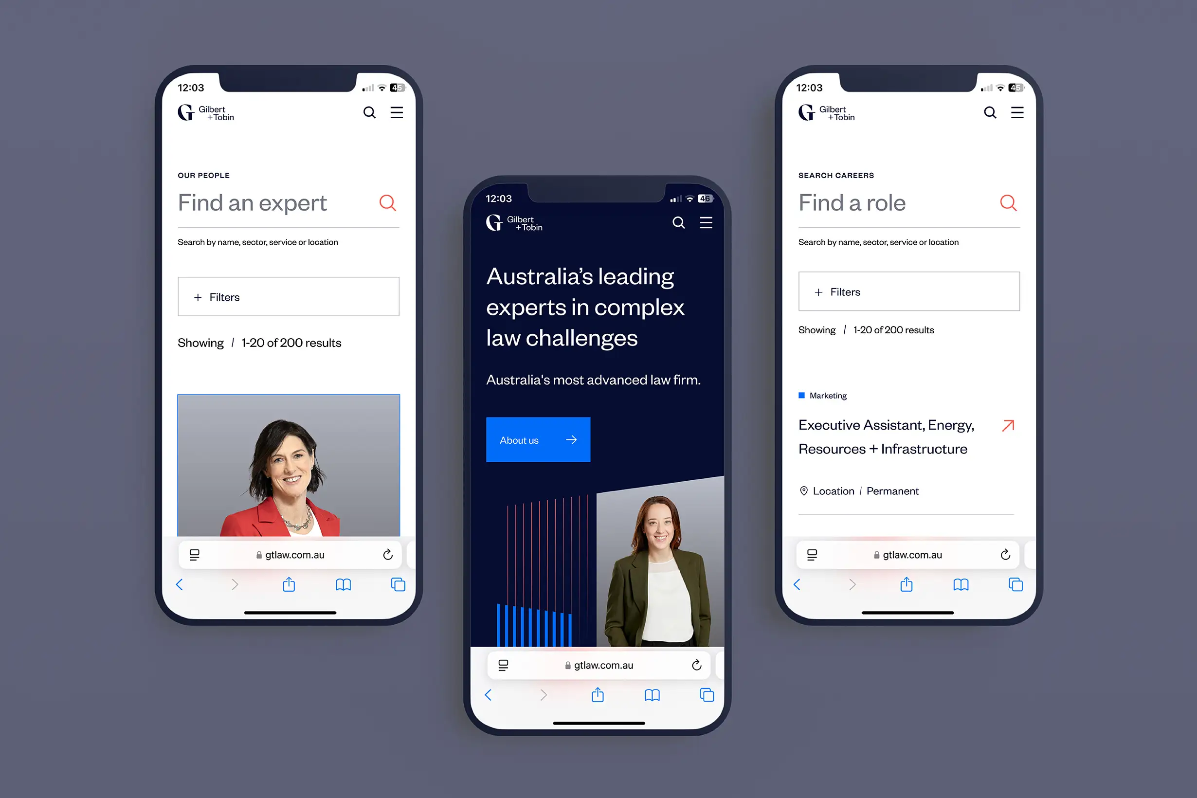 Three smartphones displaying Gilbert + Tobin law firm updated website pages.