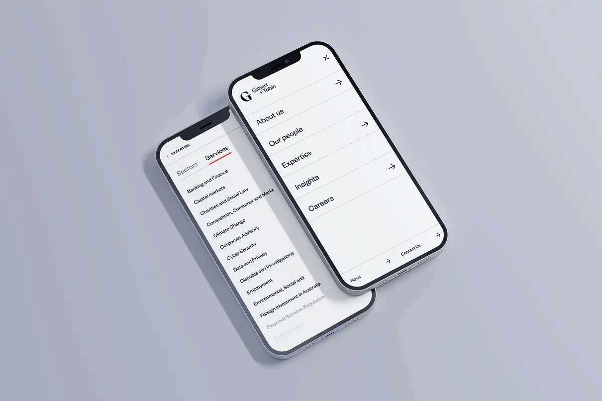 Two smartphones showing the website's navigation menu and a list of service sectors.
