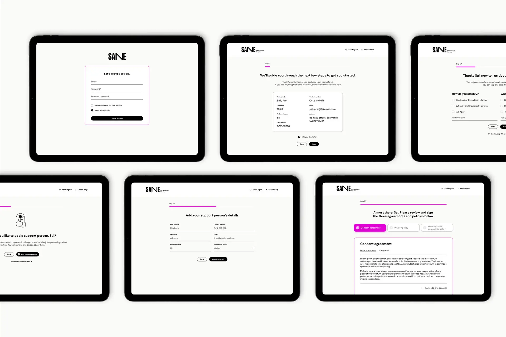 Tablet views of the SANE onboarding journey.