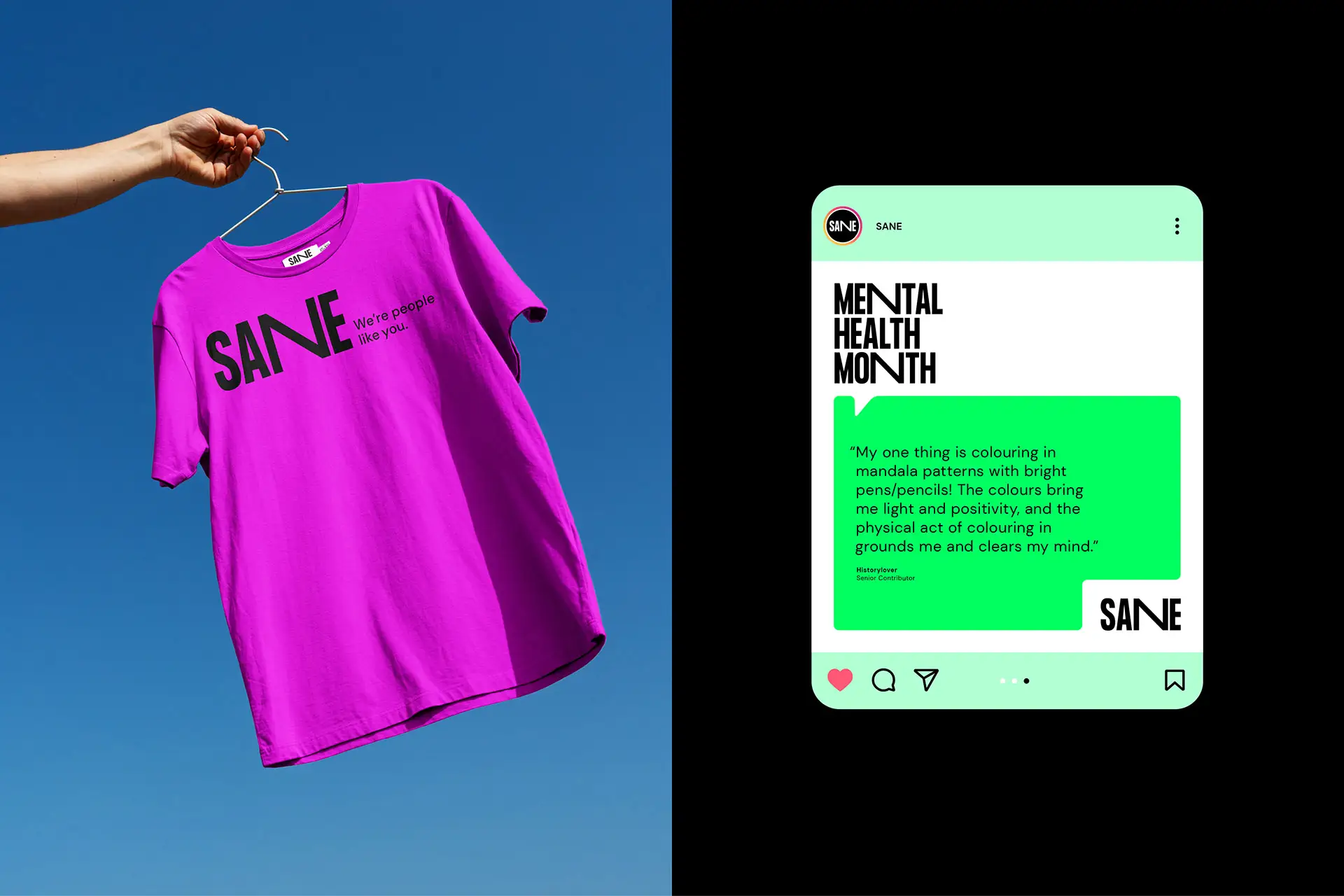 A vibrant magenta SANE T-shirt paired with a digital social media tile promoting Mental Health Month.