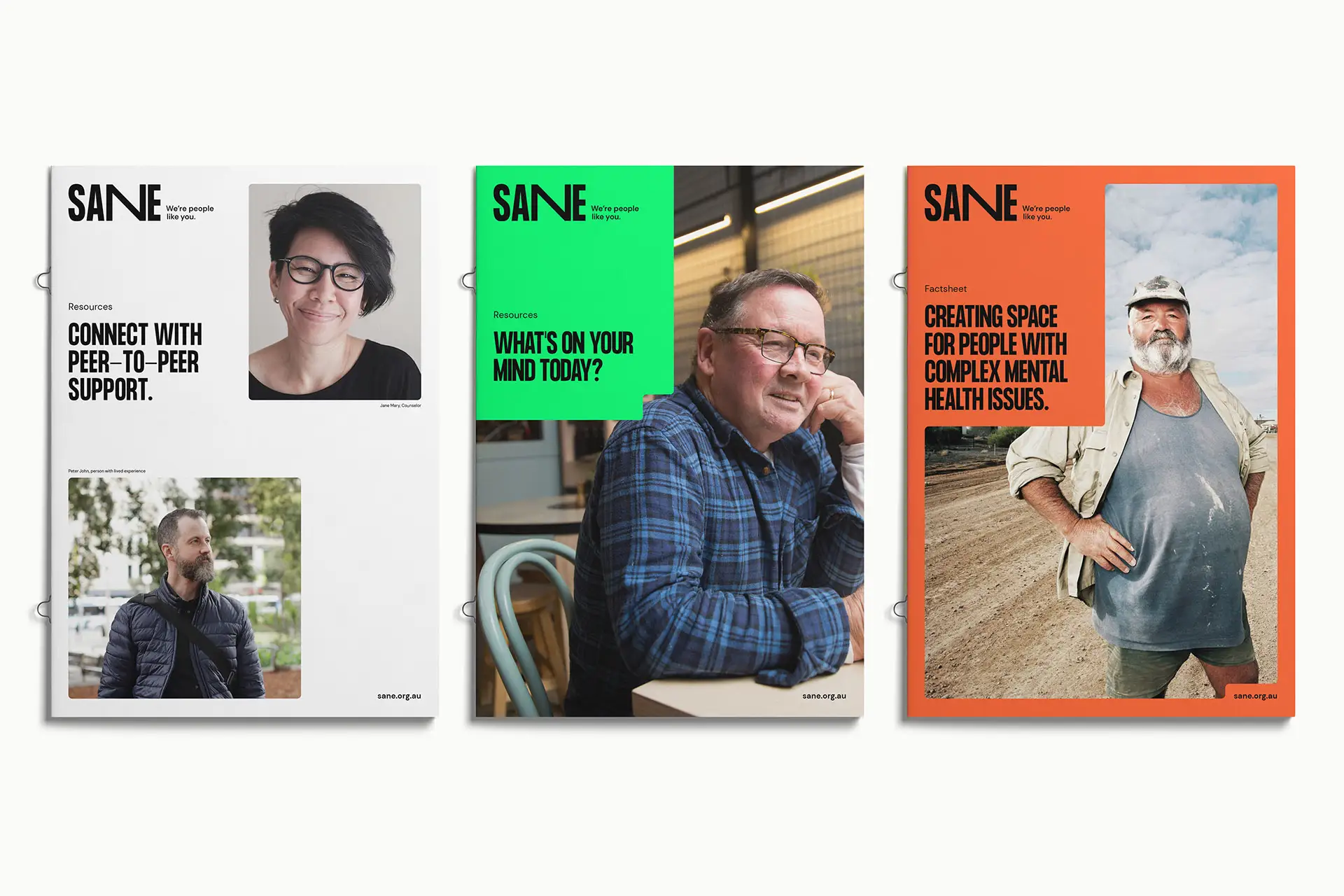 Three SANE posters featuring portraits and supportive messages, including peer-to-peer connection, daily check-ins, and creating space for people with complex mental health issues.