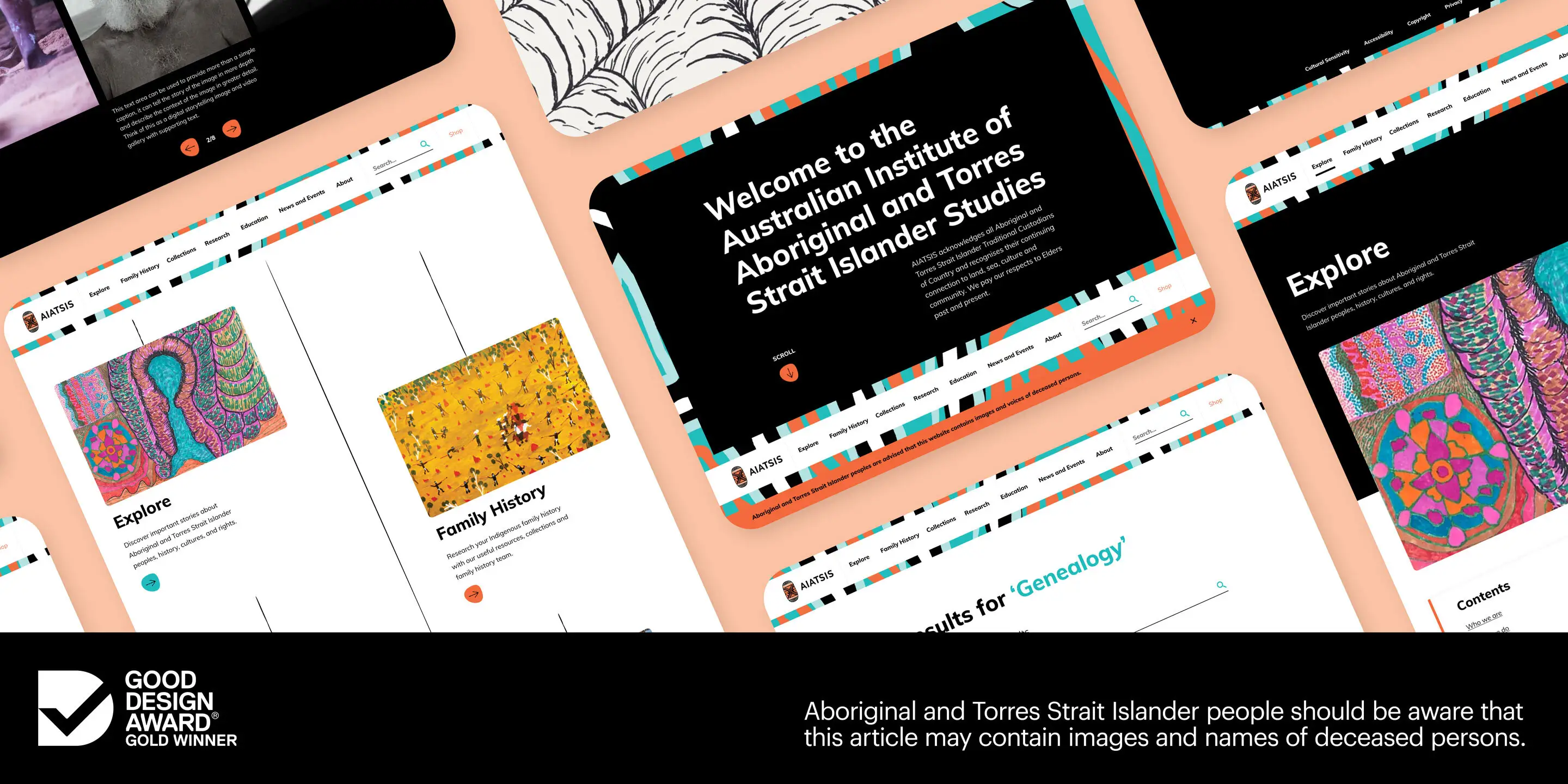 Collage of AIATSIS website screens with a Good Design Award Gold Winner badge and a message to Aboriginal and Torres Strait Islander people to be aware that the article may contain images and names of deceased persons.