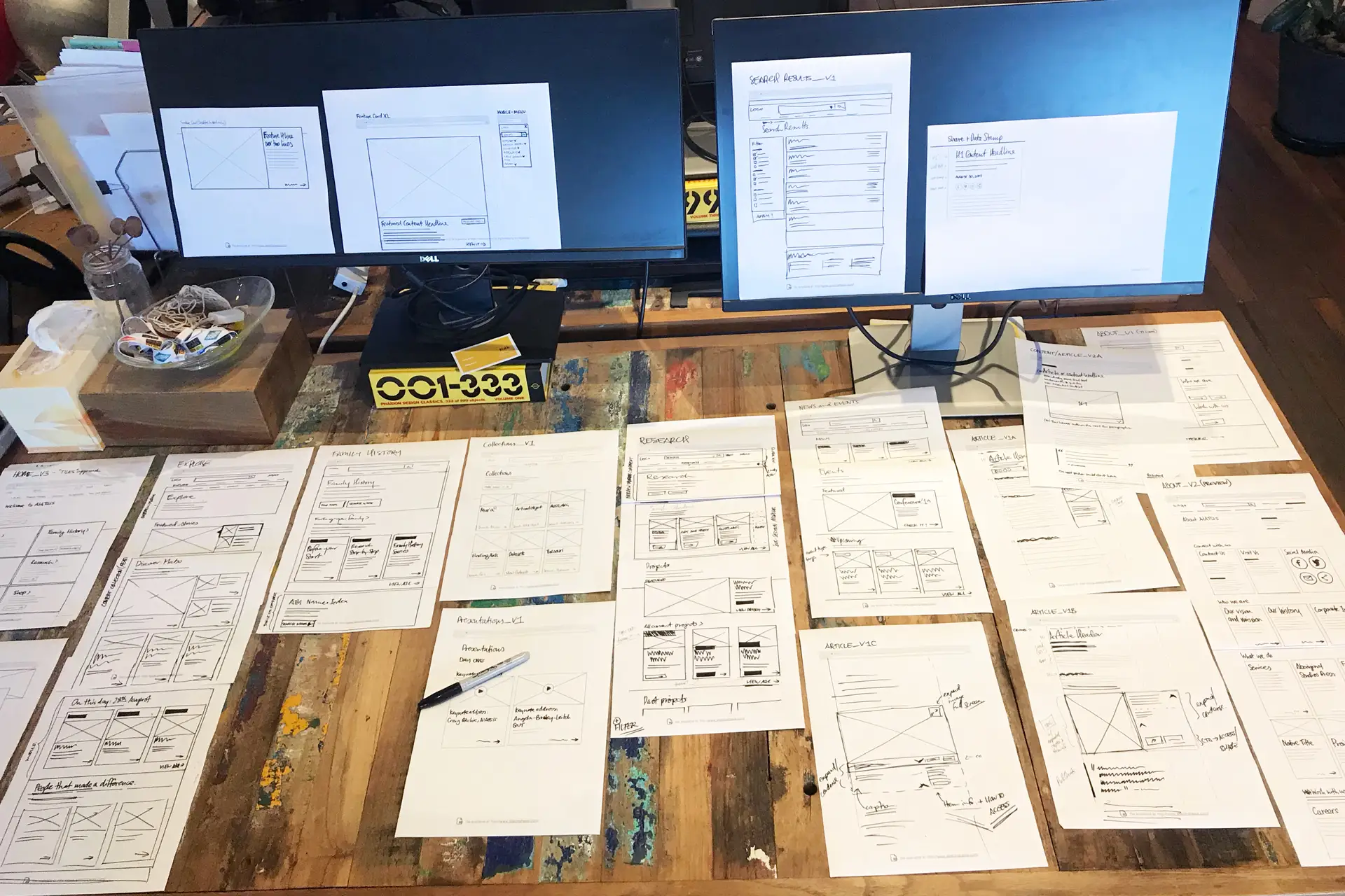 Desk workspace showing printed website wireframes and designs laid out alongside two monitors displaying page layouts.