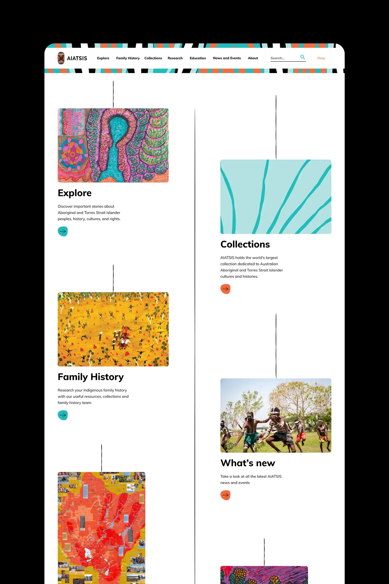 AIATSIS website homepage sections displaying featured artwork and links to Explore, Collections, Family History, and What’s New.