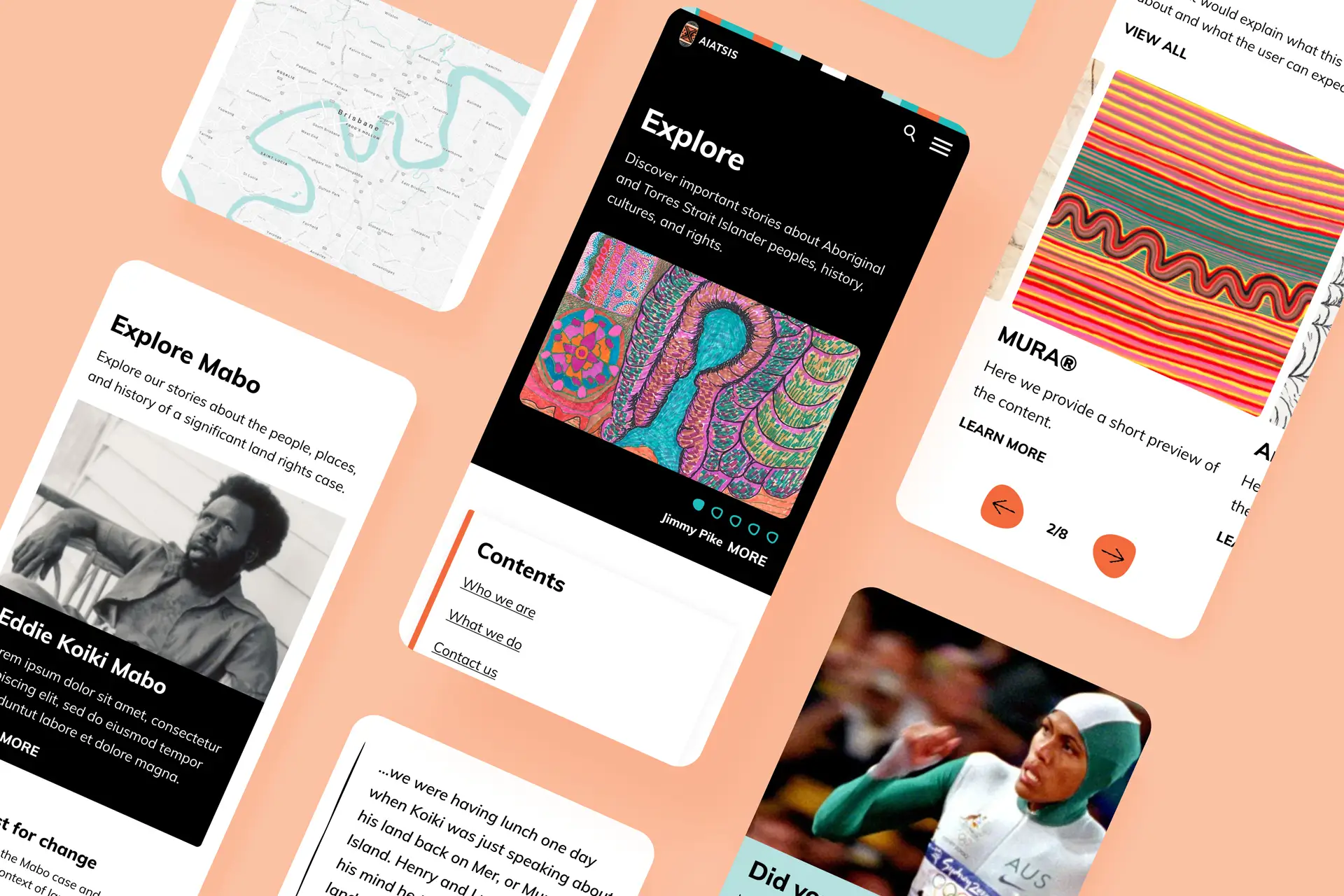 Mobile screens showing AIATSIS digital content, including stories, artwork previews, and historical information.