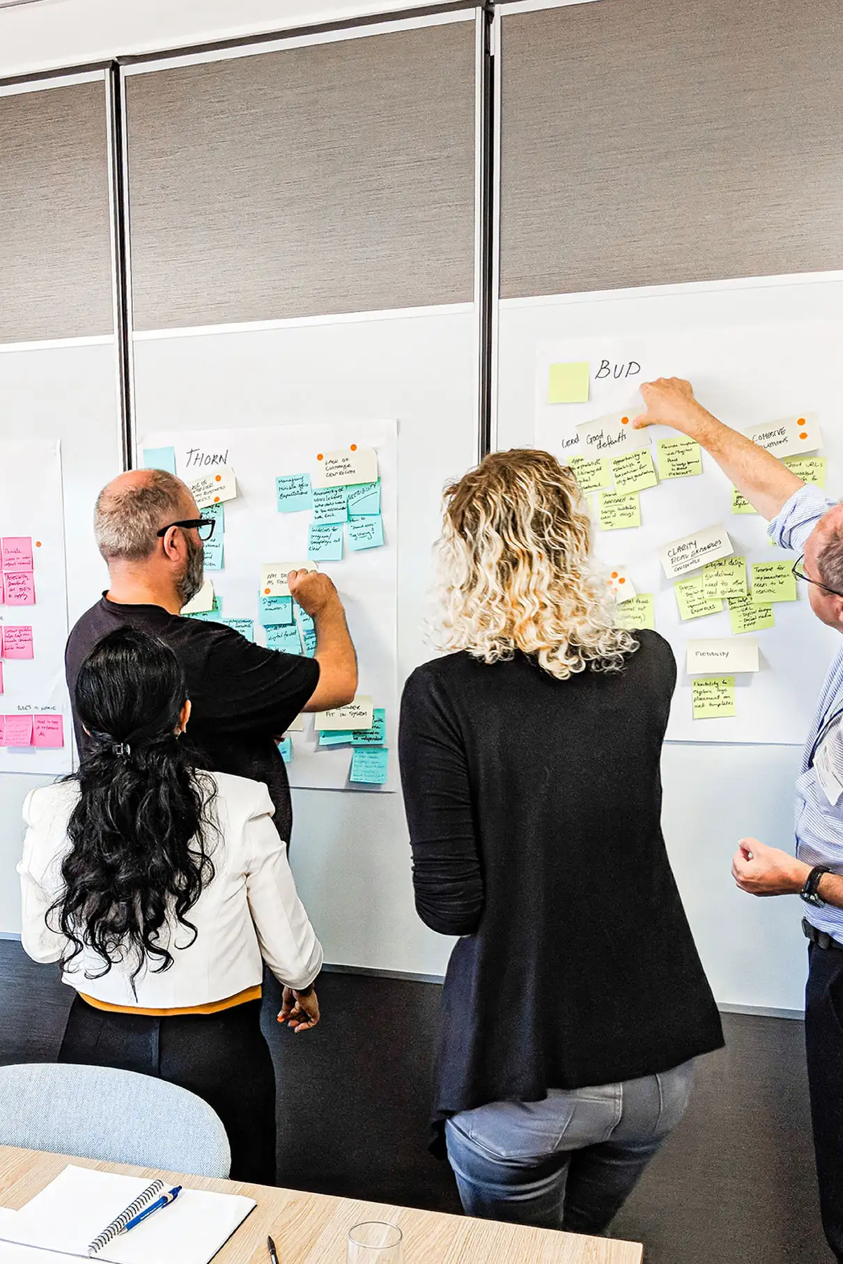 Three participants collaborating during a workshop, placing sticky notes onto a whiteboard.