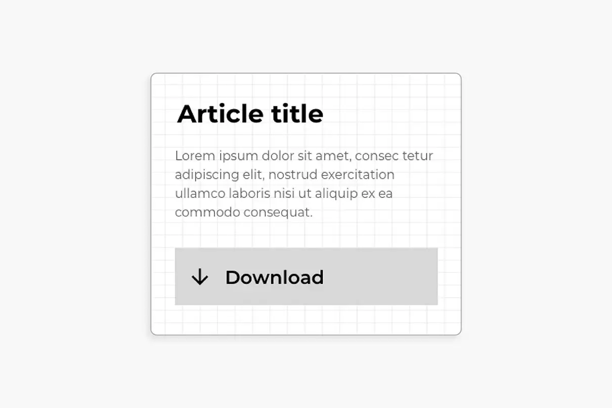 Card-style mockup displaying an article title, summary text, and a large download button.