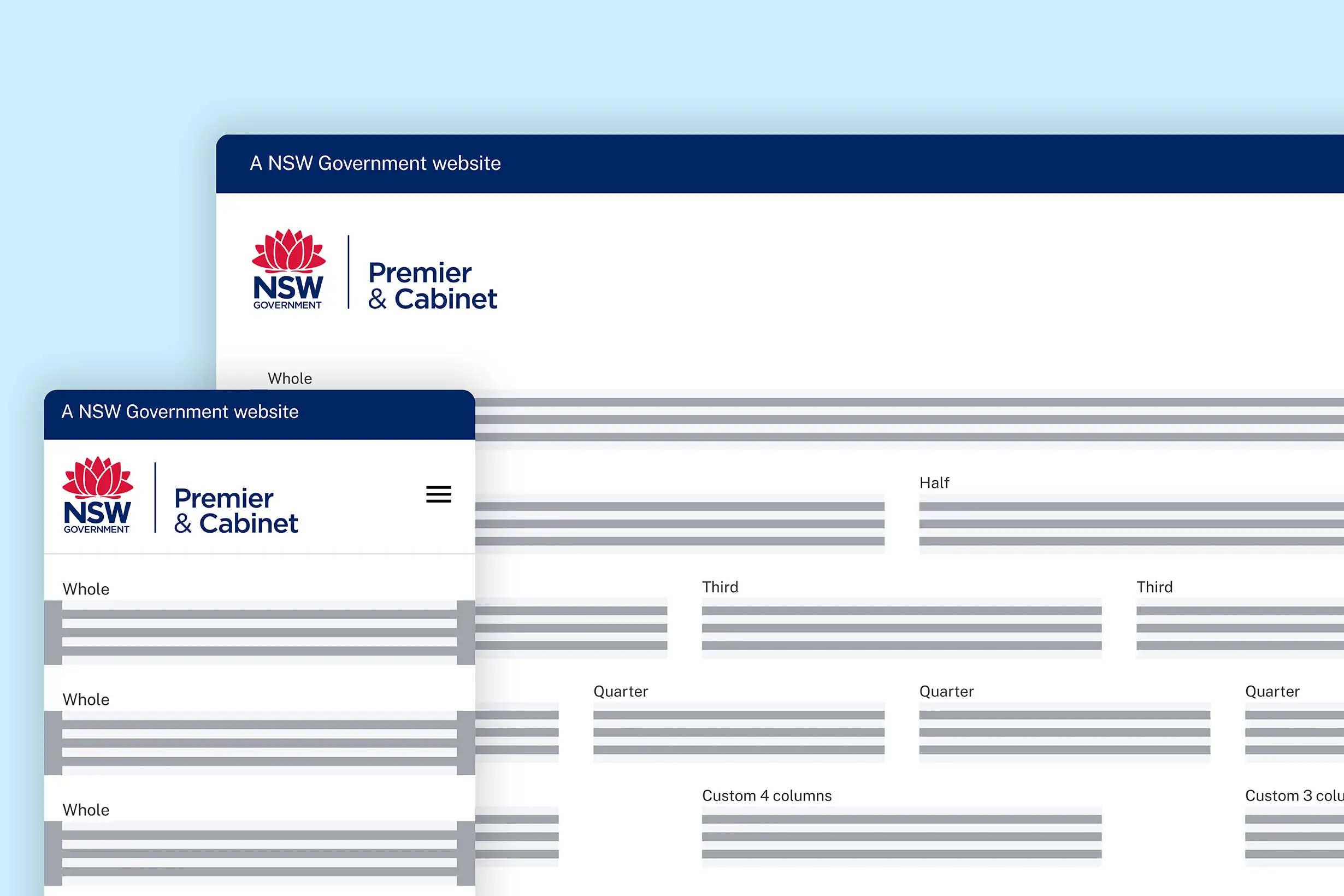 NSW Government Premier & Cabinet website header shown in mobile and desktop layouts with placeholder grid content.