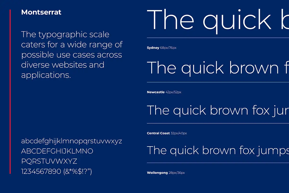 Montserrat type specimen showing alphabets and sample headings used across NSW Government digital products.