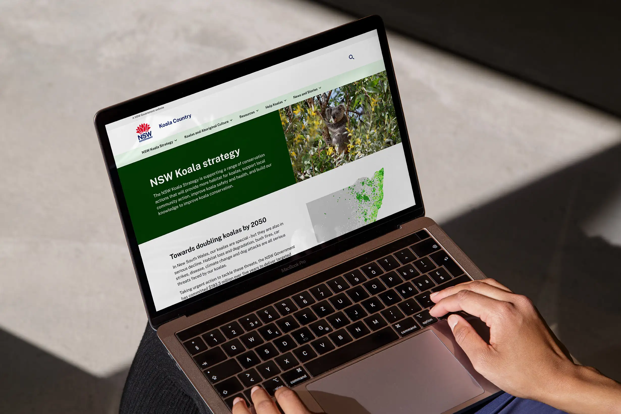 NSW Koala Strategy website shown on a laptop, applying the government design system to content-rich pages.