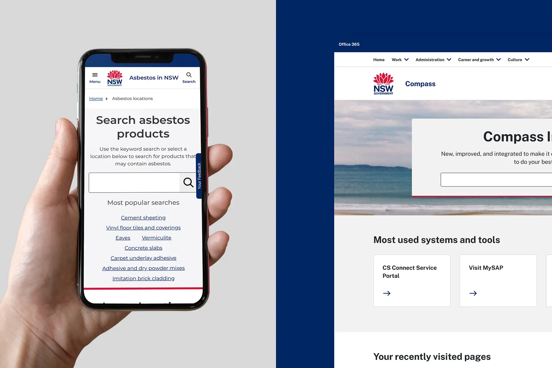Mobile interface for searching asbestos products, demonstrating NSW Government digital patterns and form design.