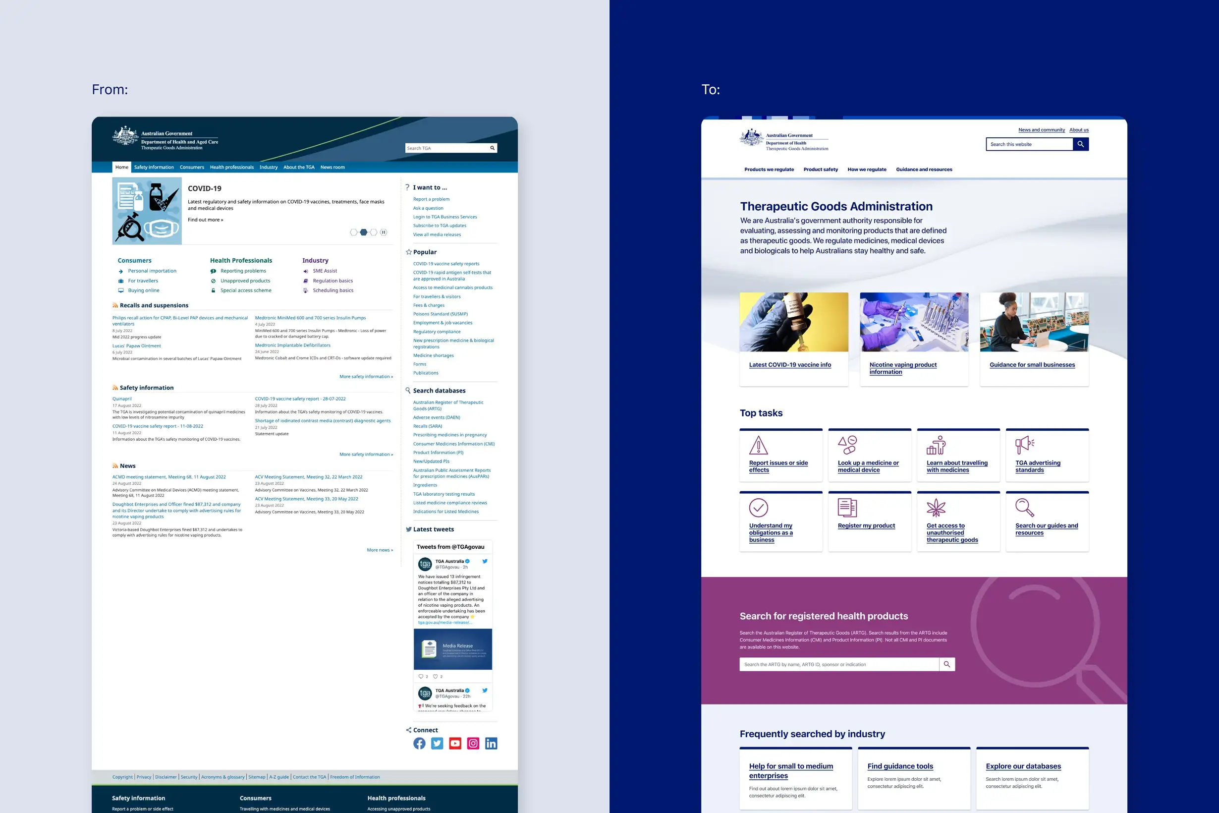 Side-by-side comparison of the old TGA website homepage on the left and the redesigned homepage on the right, showing clearer layout, improved navigation, and updated visual design.