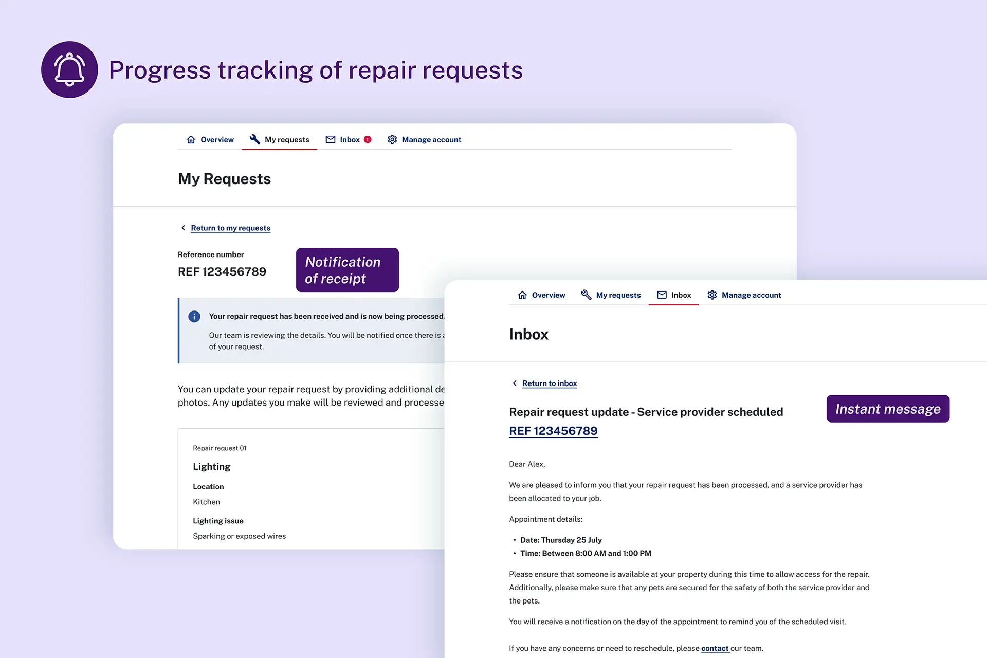 Screens showing how tenants track repair progress and receive updates through the redesigned portal.