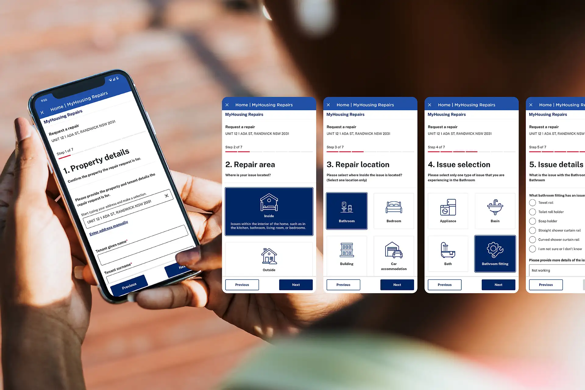 Mobile walkthrough of the step-by-step repair request flow designed for simplicity and clarity.