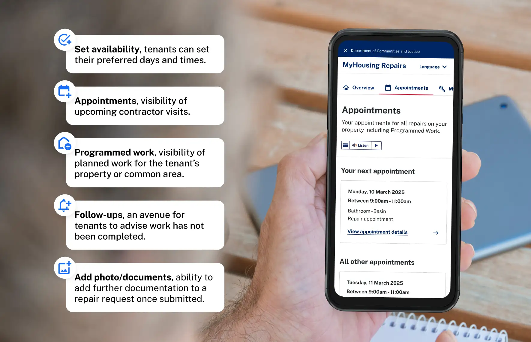 Feature overview showing how tenants manage appointments, availability, and documentation in the portal.