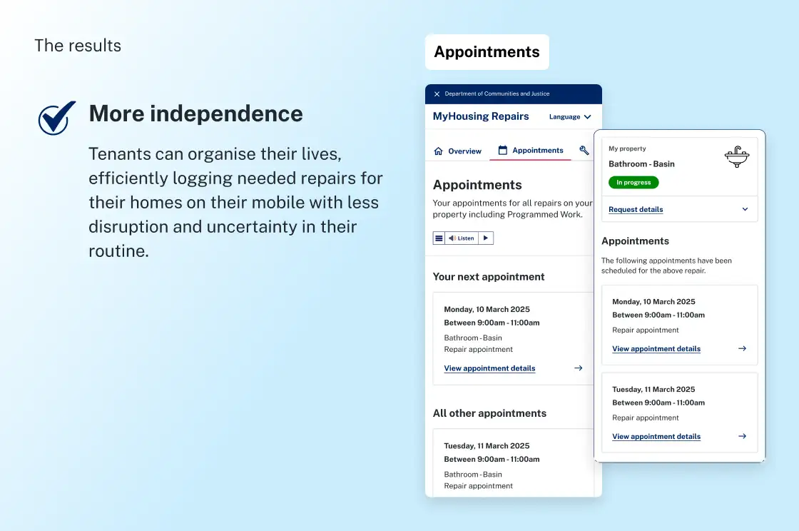 Appointment screens showing how tenants manage repair bookings more independently with less disruption.