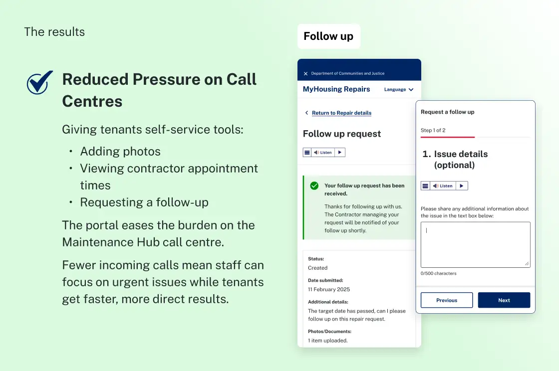 Follow-up request screens showing self-service tools that reduce call-centre load and give tenants faster updates.