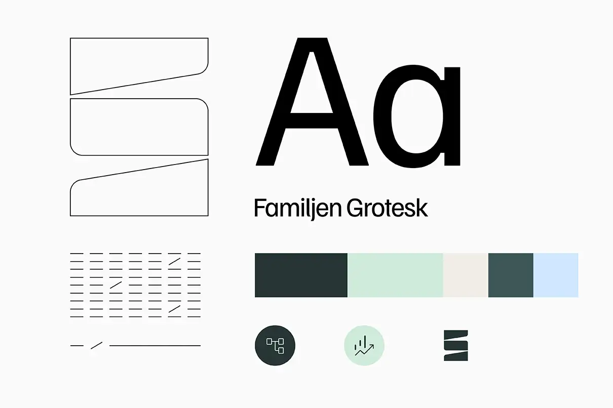 A layout of the brand design elements including typeface, colour and graphic devices. 