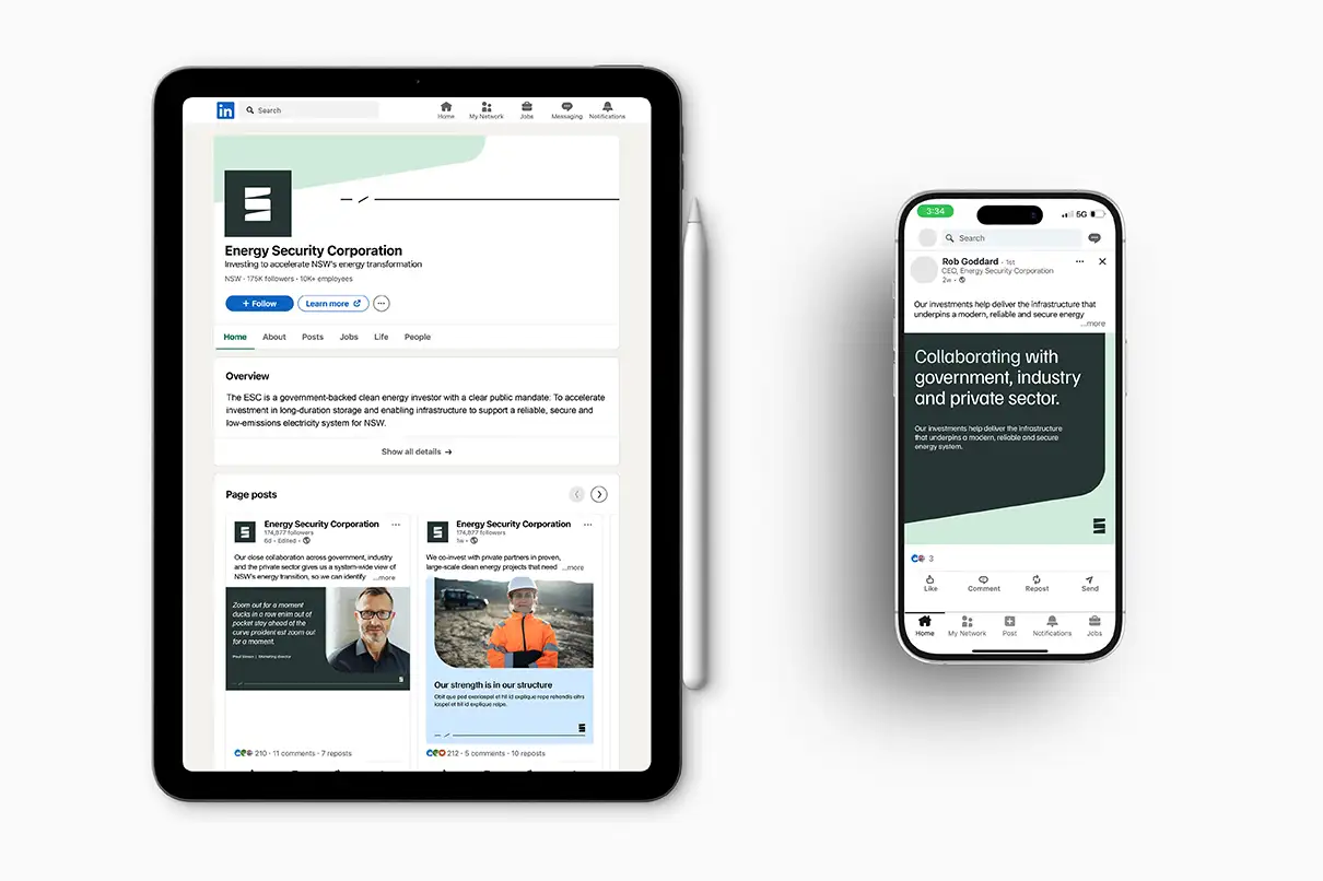 Tablet and smartphone displaying Energy Security Corporation's LinkedIn page and post about collaborating with government, industry, and private sector.