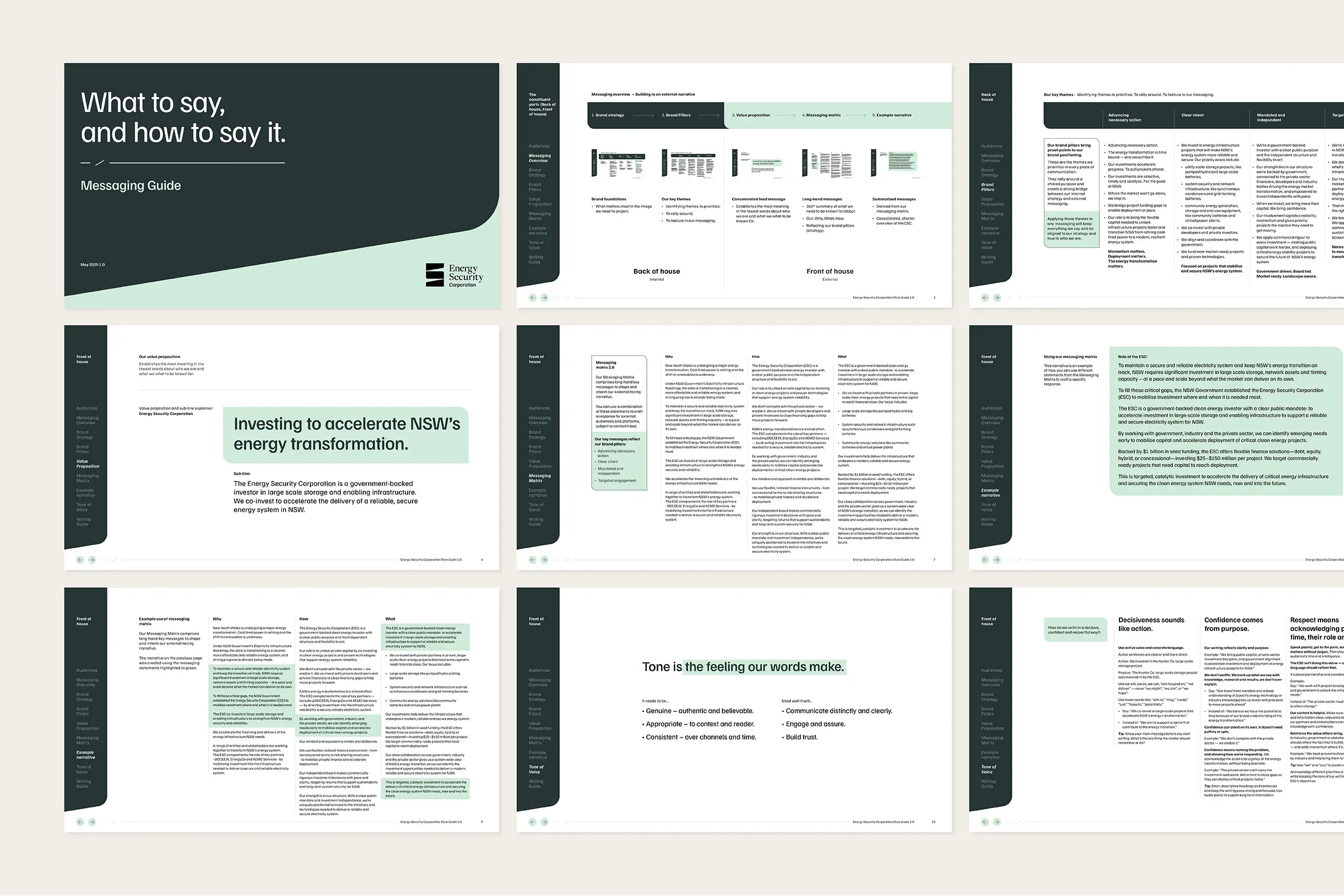 The pages of a messaging guide document by Energy Security Corporation titled 'What to say, and how to say it'.