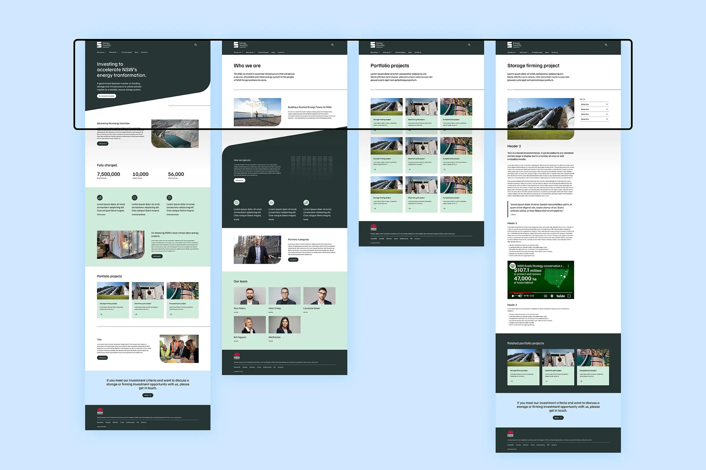 Four web pages of the energy company site showing investment in NSW energy transformation, portfolio projects, team, storage firming project, and related contact information.